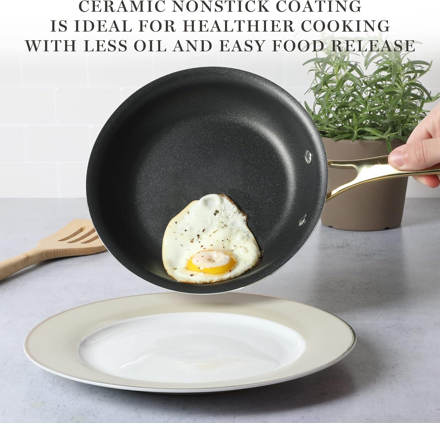 imageMartha Stewart Lockton 2 Piece 10quot ampamp 12quot Heavy Gauge Aluminum Premium Nonstick Fry Pan Set  LinenBlack w Gold Handles Ceramic Nonstick Cookware