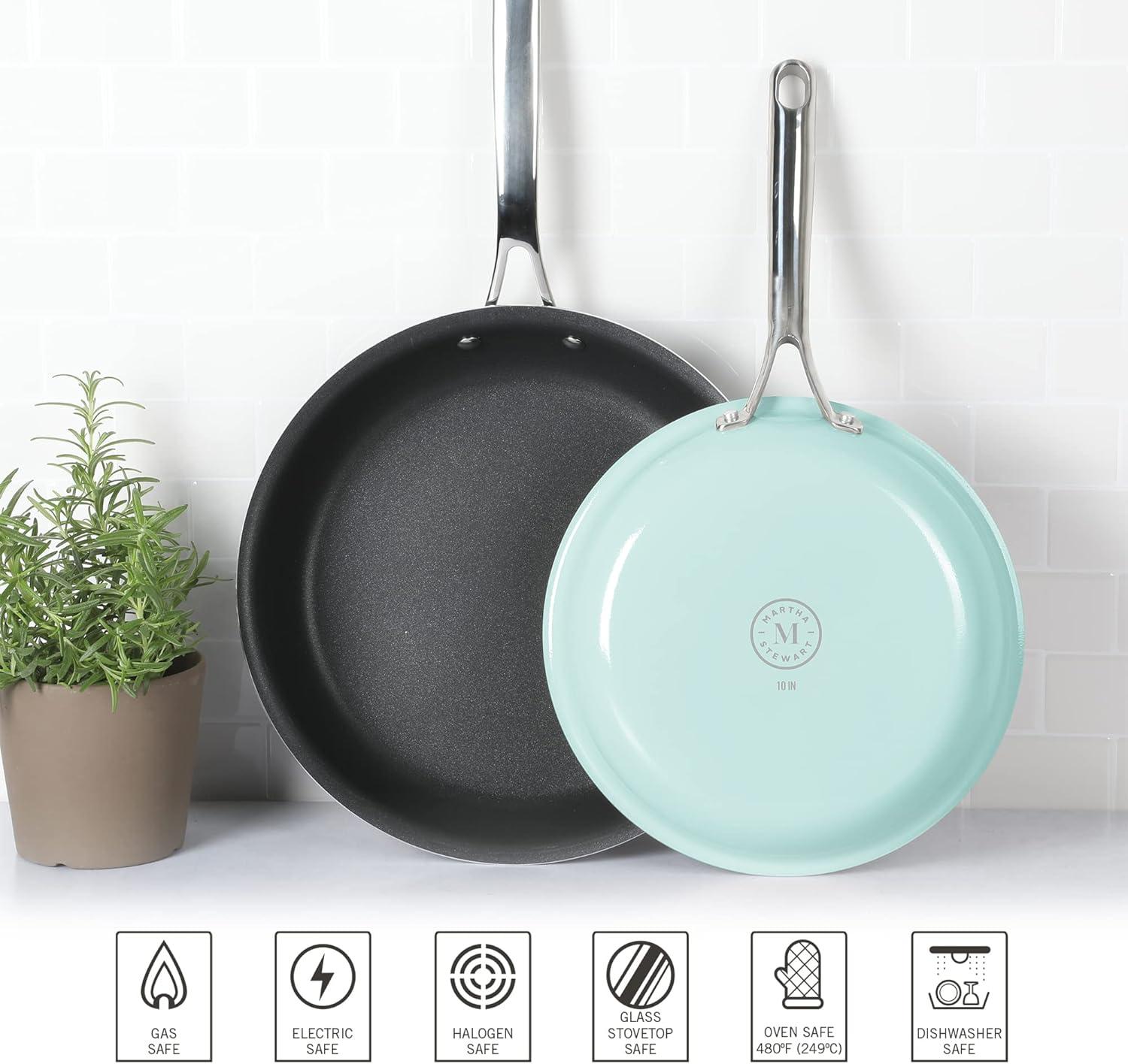imageMartha Stewart Lockton 2 Piece 10quot ampamp 12quot Heavy Gauge Aluminum Premium Nonstick Fry Pan Set  LinenMartha Blue