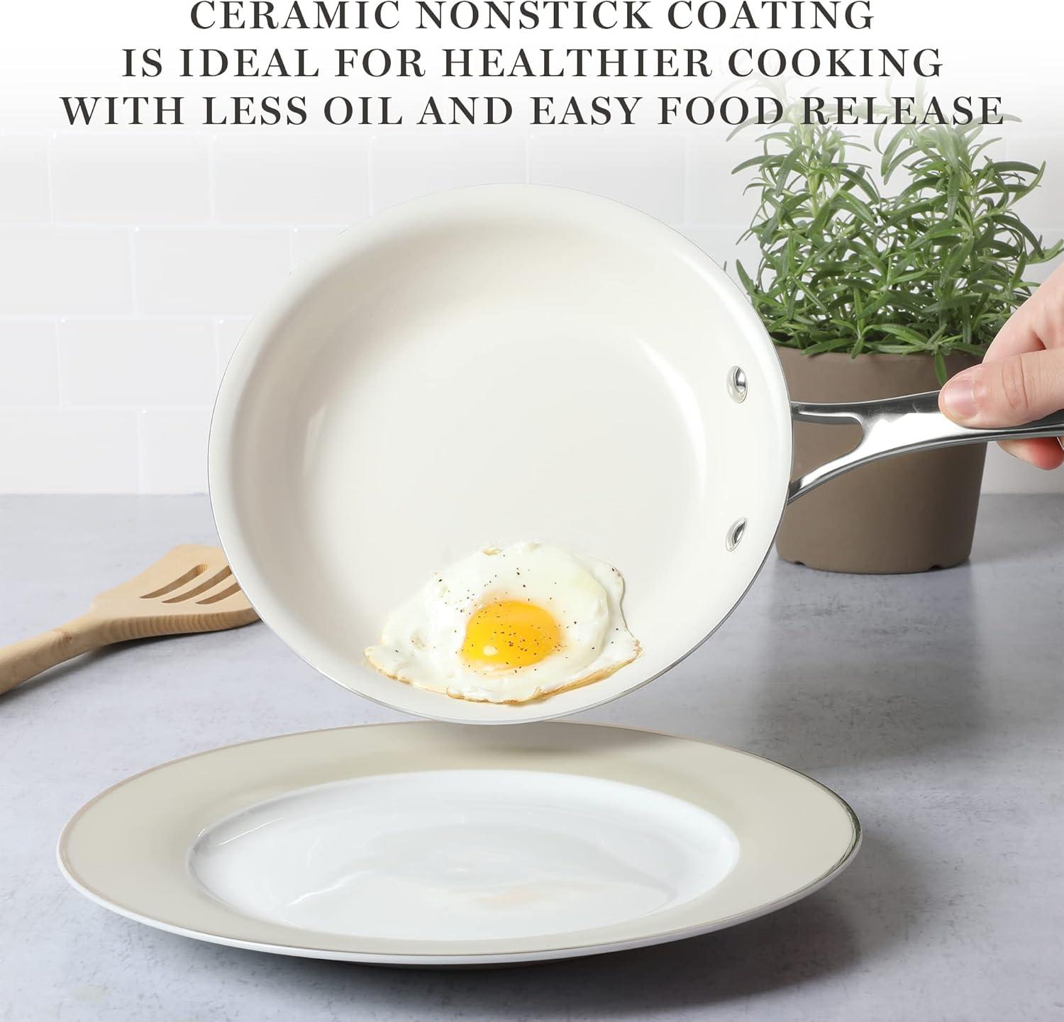 imageMartha Stewart Lockton Premium Nonstick 10 Piece Enamel Heavy Gauge Aluminum Pots and Pans Cookware Set  Martha BlueButter Cream