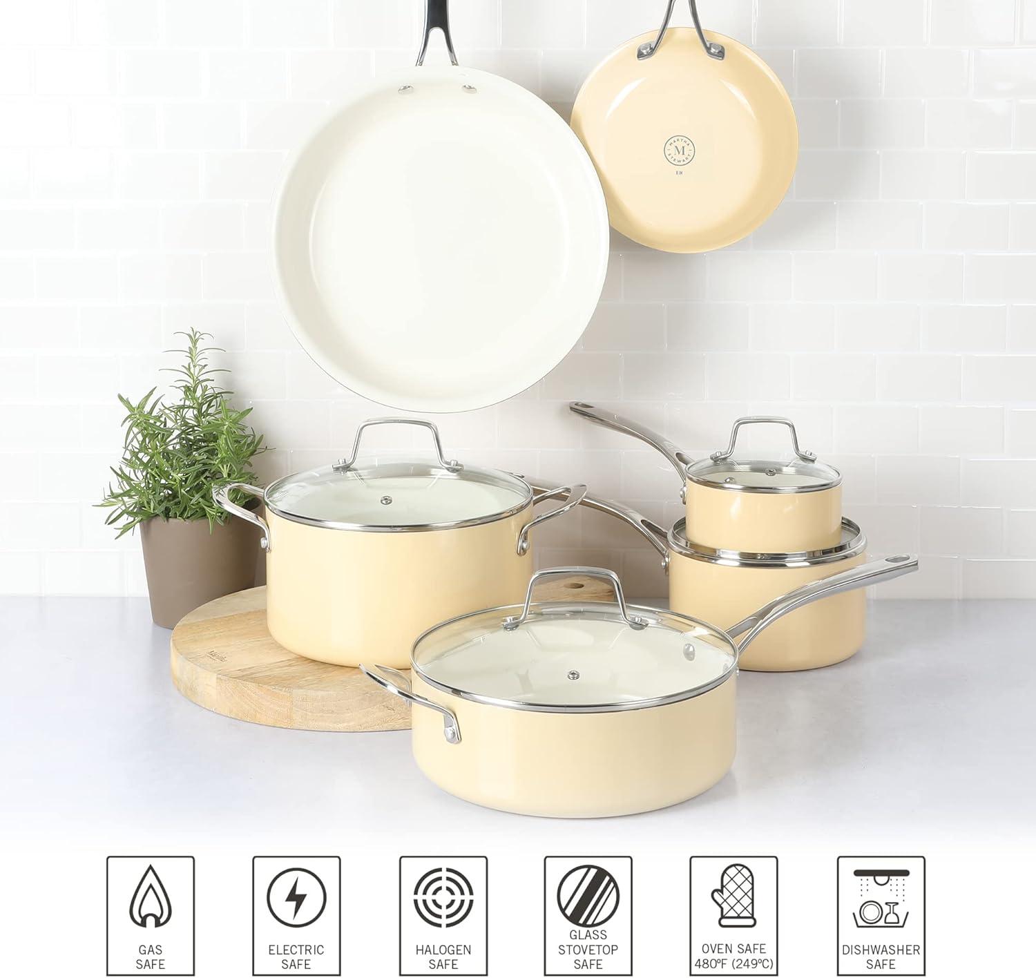 imageMartha Stewart Lockton Premium Nonstick 10 Piece Enamel Heavy Gauge Aluminum Pots and Pans Cookware Set  Martha BlueButter Cream