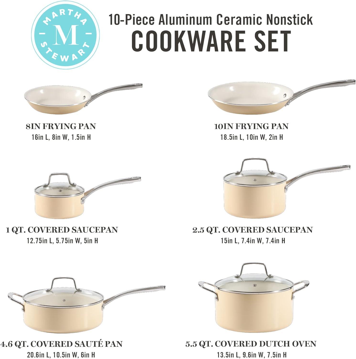 imageMartha Stewart Lockton Premium Nonstick PFA Free Ceramic Interior 10 Piece Enamel Heavy Gauge Aluminum Pots and Pans Cookware Set  RedButter Cream