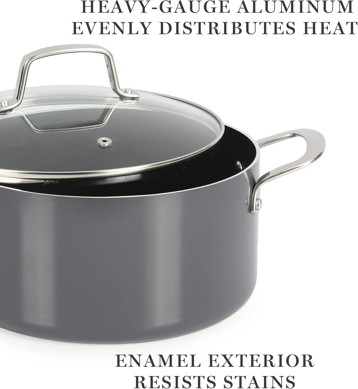 imageMartha Stewart Lockton Premium Nonstick PFA Free Ceramic Interior 10 Piece Enamel Heavy Gauge Aluminum Pots and Pans Cookware Set  RedGray