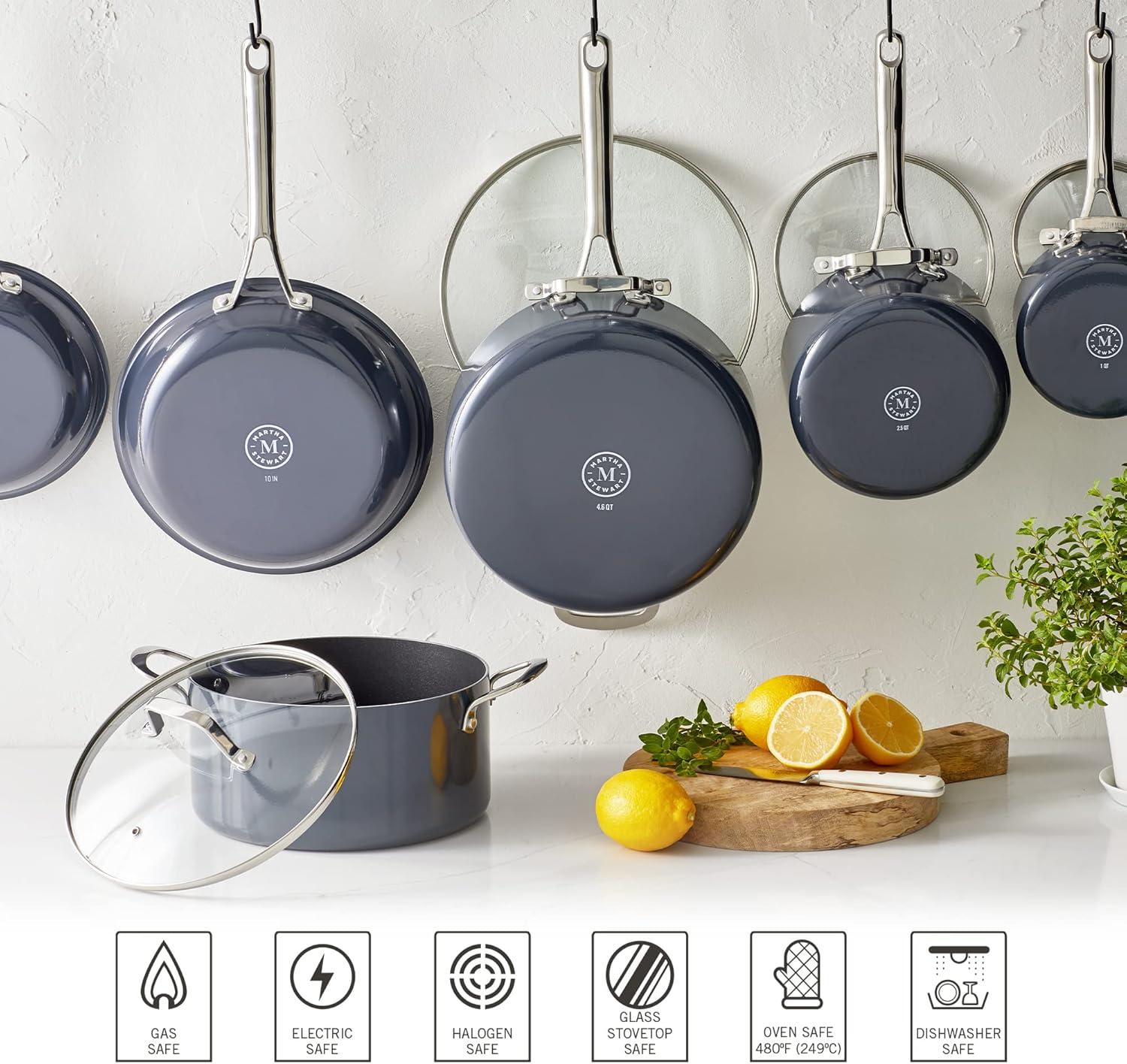 imageMartha Stewart Lockton Premium Nonstick PFA Free Ceramic Interior 10 Piece Enamel Heavy Gauge Aluminum Pots and Pans Cookware Set  RedGray