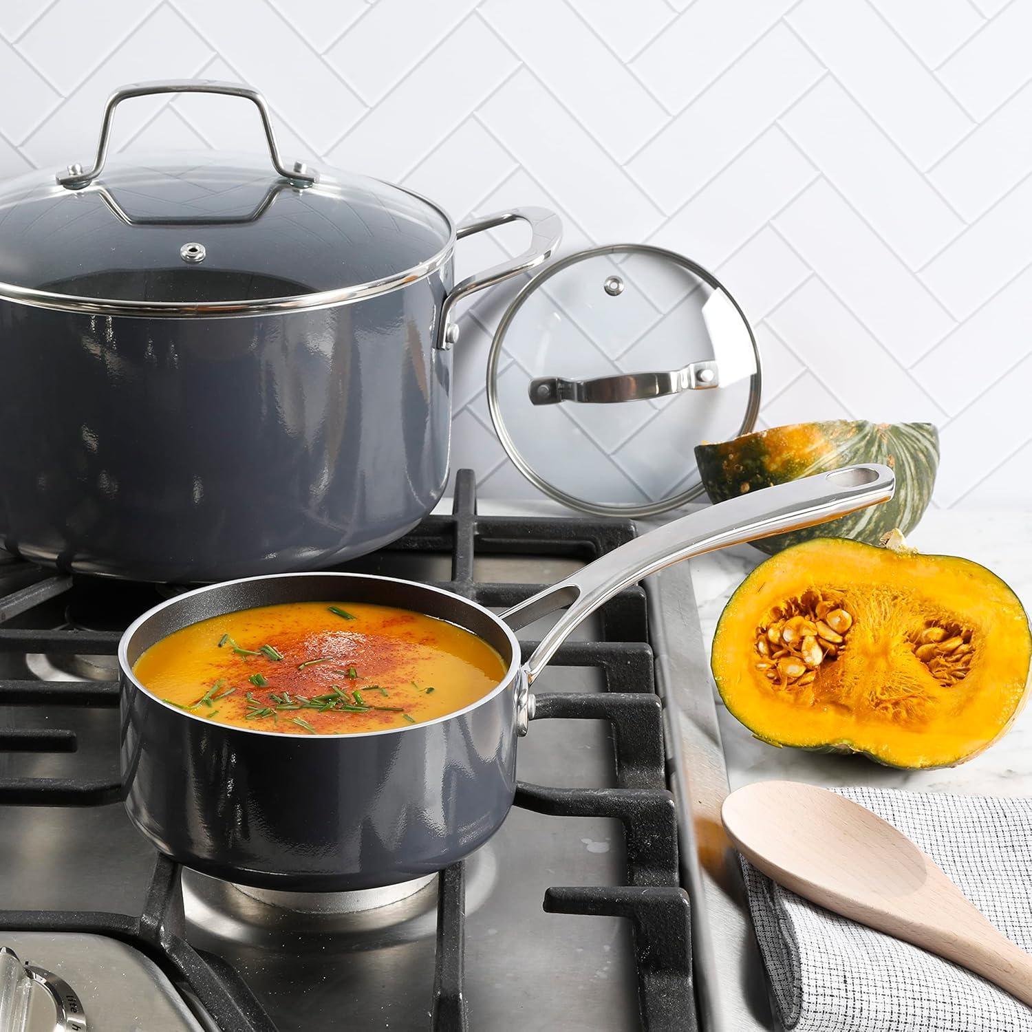 imageMartha Stewart Lockton Premium Nonstick PFA Free Ceramic Interior 10 Piece Enamel Heavy Gauge Aluminum Pots and Pans Cookware Set  RedGray