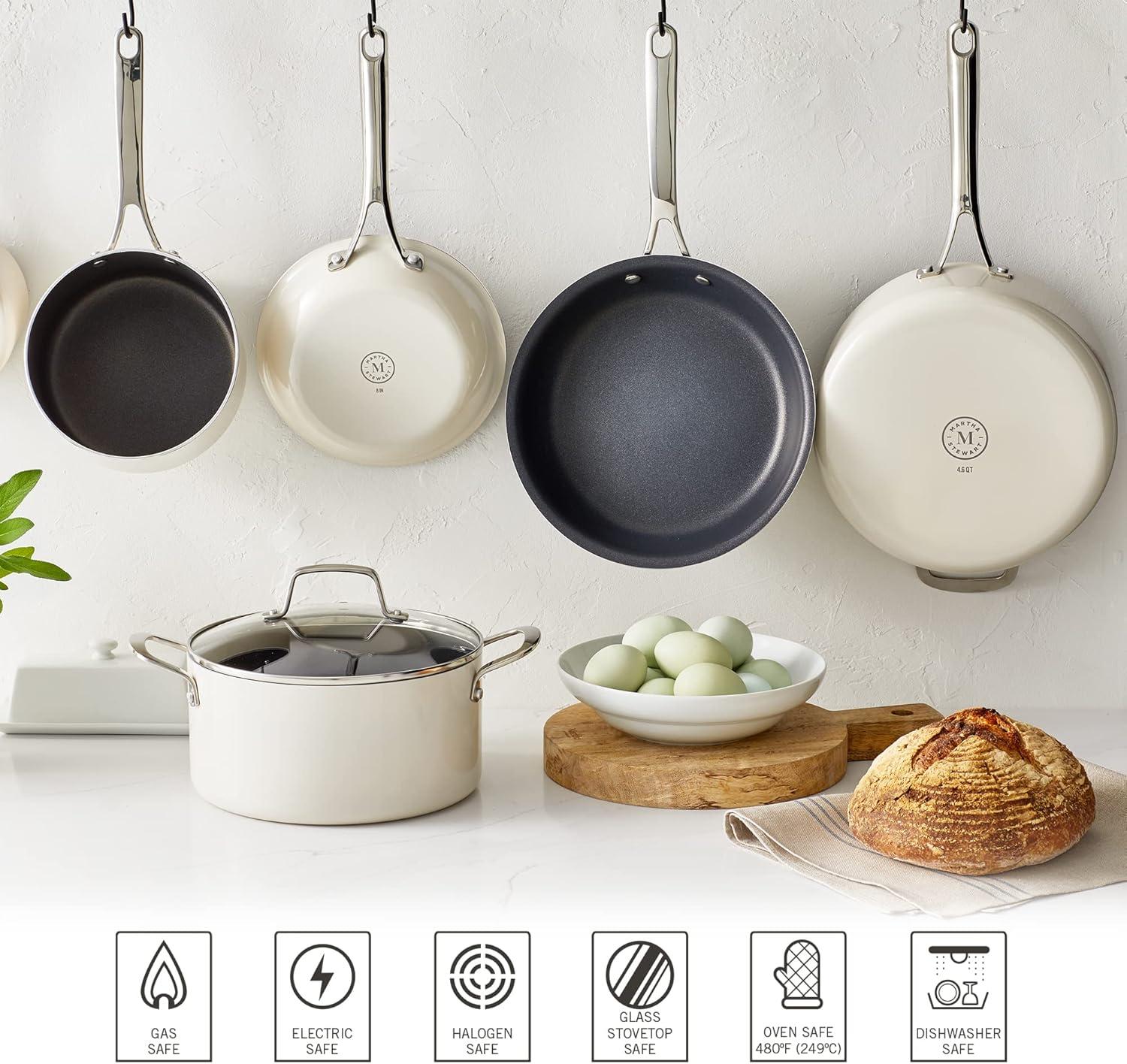 imageMartha Stewart Lockton Premium Nonstick PFA Free Ceramic Interior 10 Piece Enamel Heavy Gauge Aluminum Pots and Pans Cookware Set  RedLinen