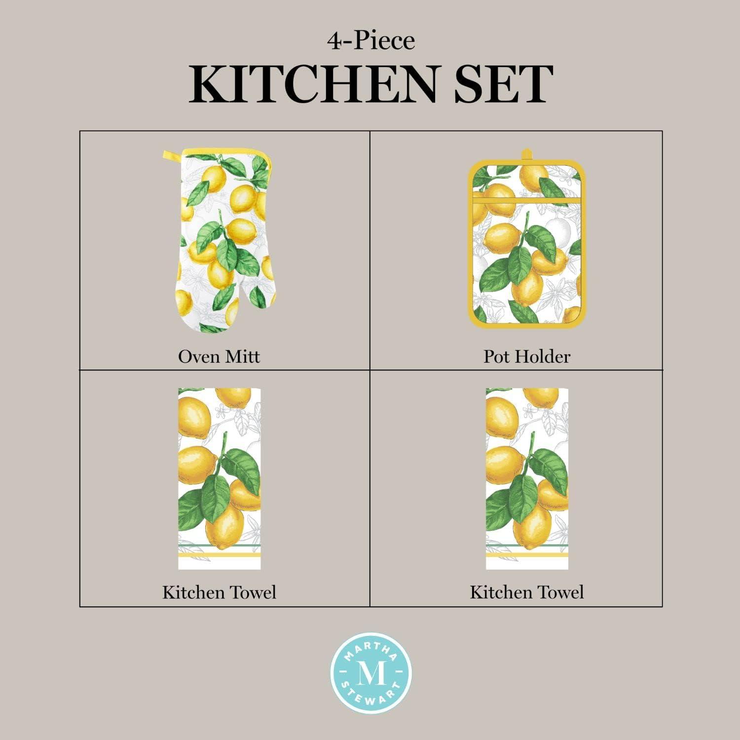 imageMartha Stewart Lots of Lemons Modern Kitchen Towel Oven Mitt ampamp Potholder Set 4Pack WhiteYellow