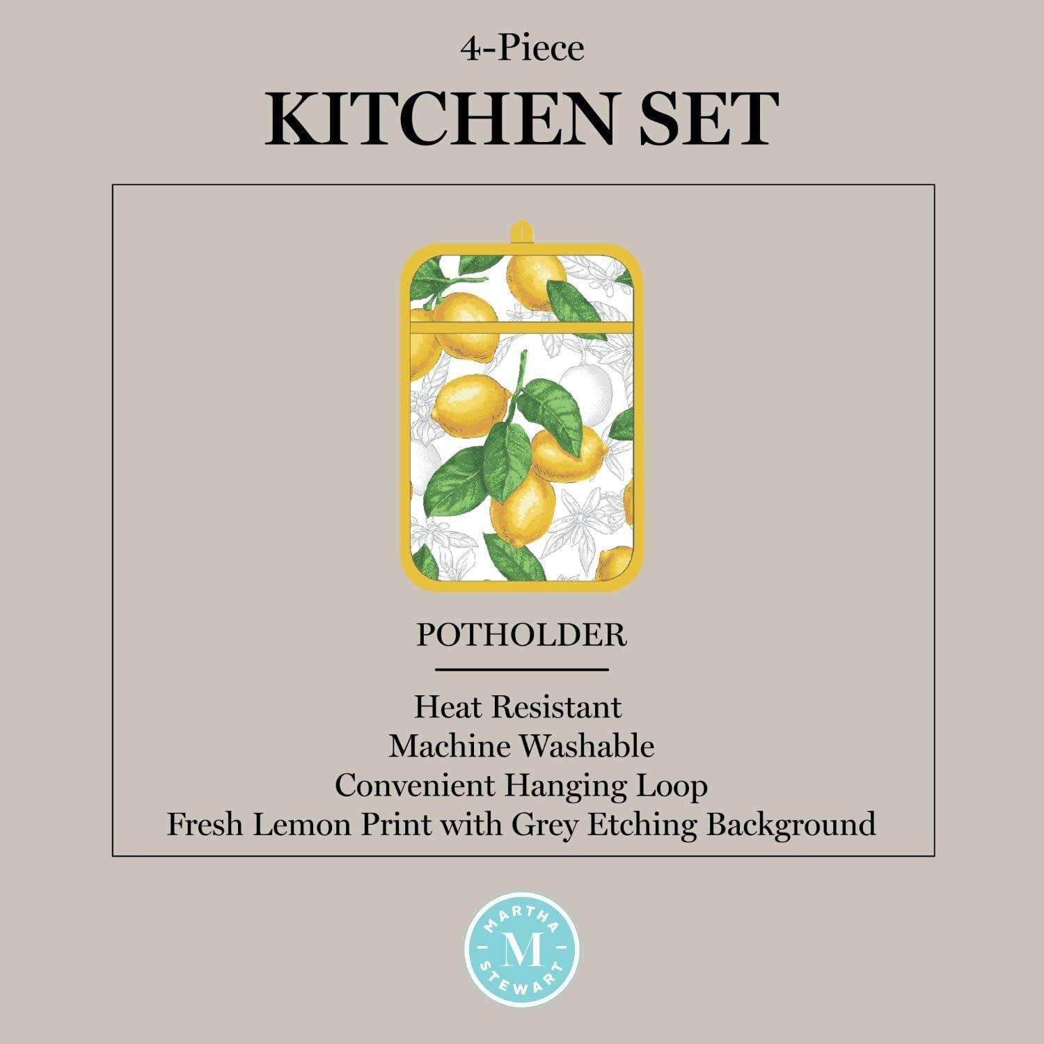 imageMartha Stewart Lots of Lemons Modern Kitchen Towel Oven Mitt ampamp Potholder Set 4Pack WhiteYellow