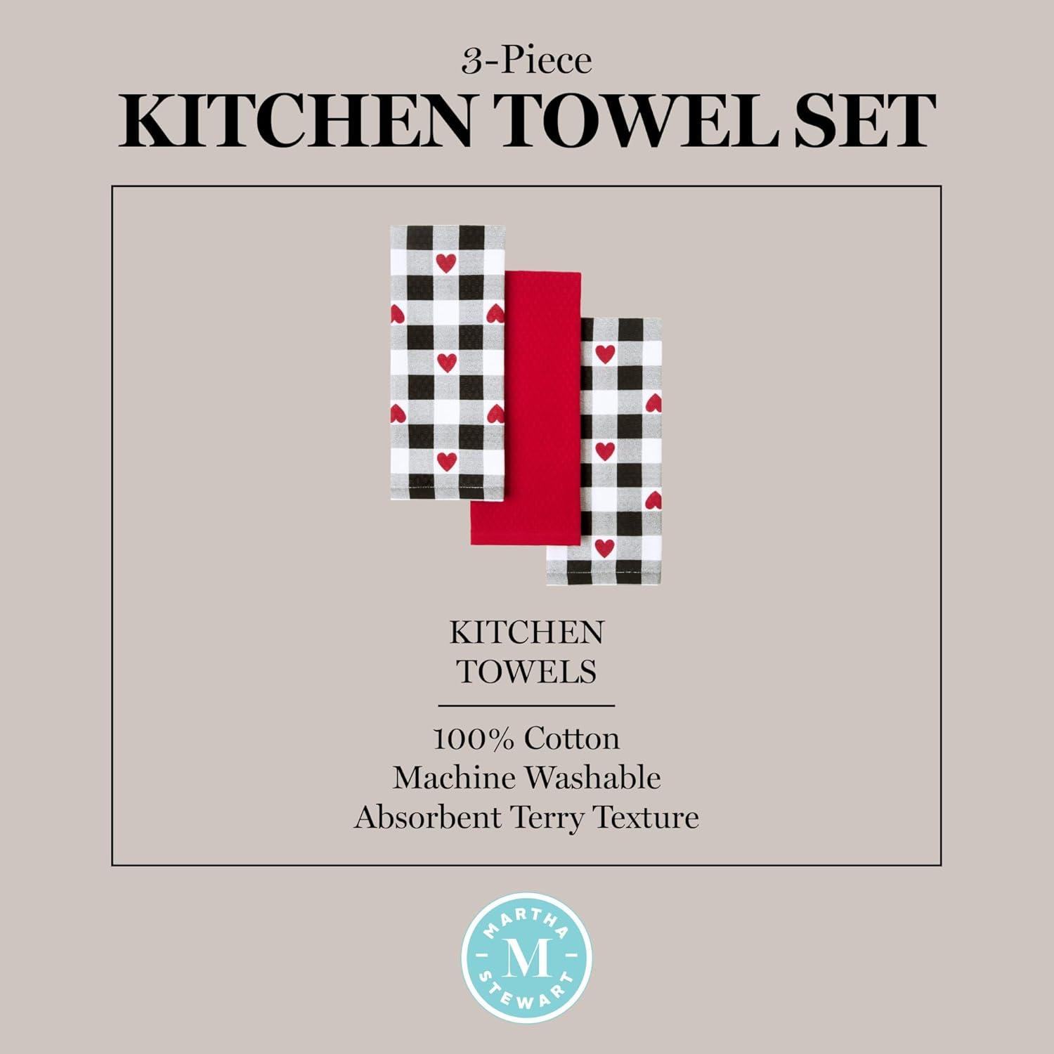 imageMartha Stewart Love Check Gingham Hearts Decorative Kitchen Towels 3Pack Set 100 Cotton Absorbent Valentines Day Dcor BlackWhiteRed 16x28