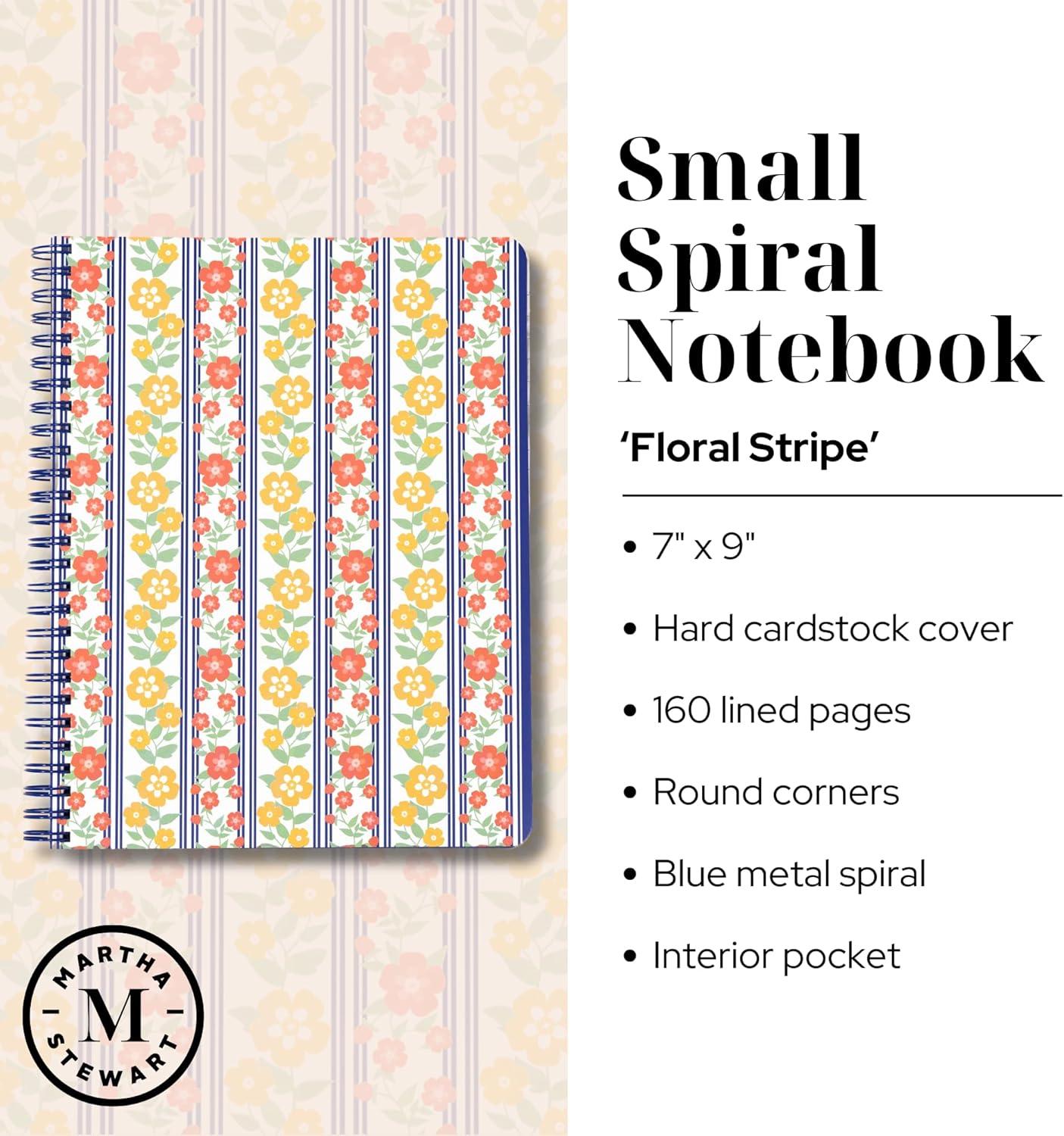 imageMartha Stewart Mini Spiral Notebook 7quotx9quot Journaling Notebook with 160 Lined Pages and Perforated TearOuts Convenient Interior Pocket for Notes Floral Stripe