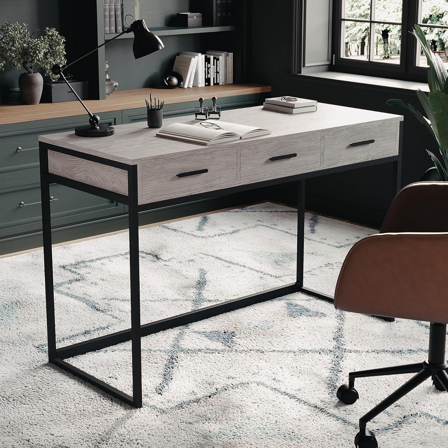 imageMartha Stewart Ollie Home Office Desk with 3 Drawers in White with Polished Brass HardwareGray TopOil Rubbed Bronze Frame