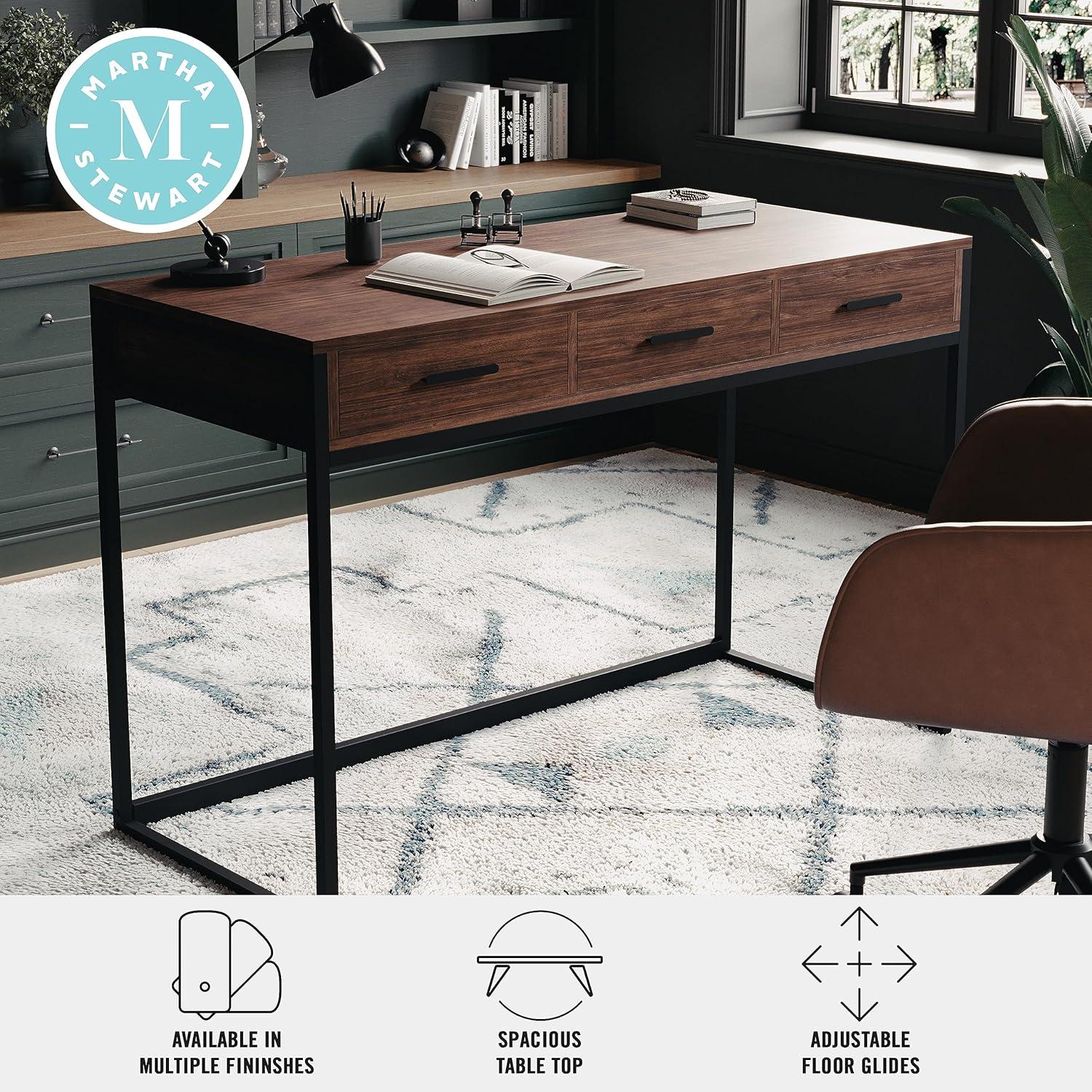 imageMartha Stewart Ollie Home Office Desk with 3 Drawers in White with Polished Brass HardwareWalnut TopOil Rubbed Bronze Frame