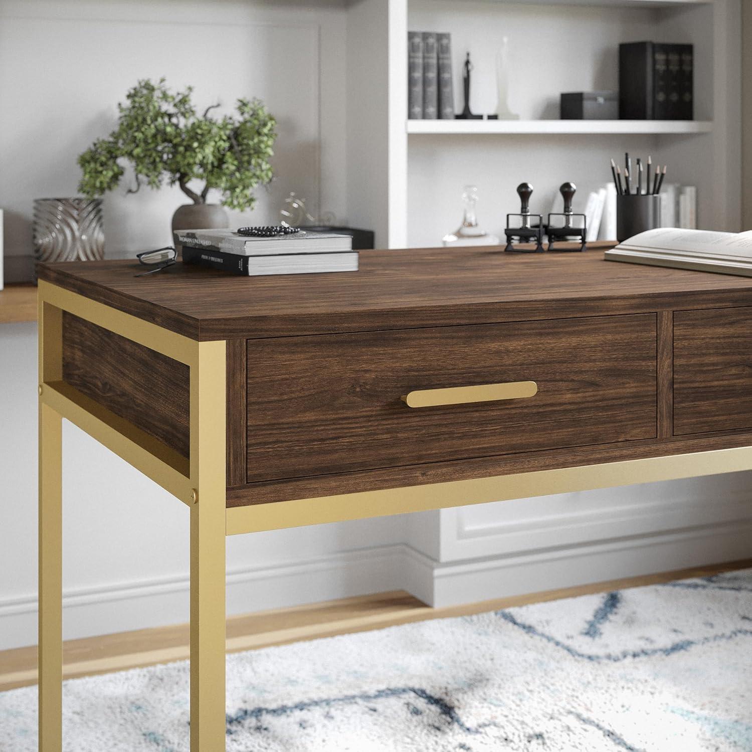 imageMartha Stewart Ollie Home Office Desk with 3 Drawers in White with Polished Brass HardwareWalnut TopPolished Brass Frame