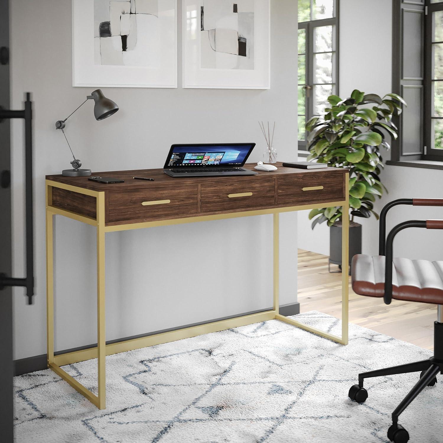 imageMartha Stewart Ollie Home Office Desk with 3 Drawers in White with Polished Brass HardwareWalnut TopPolished Brass Frame