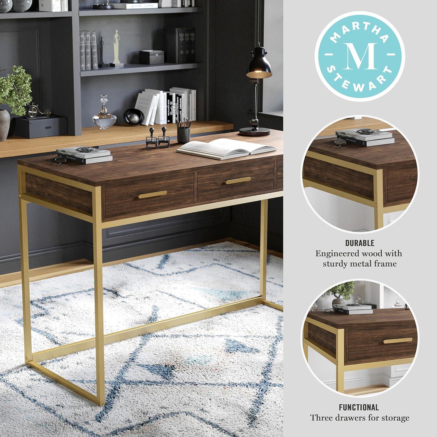 imageMartha Stewart Ollie Home Office Desk with 3 Drawers in White with Polished Brass HardwareWalnut TopPolished Brass Frame