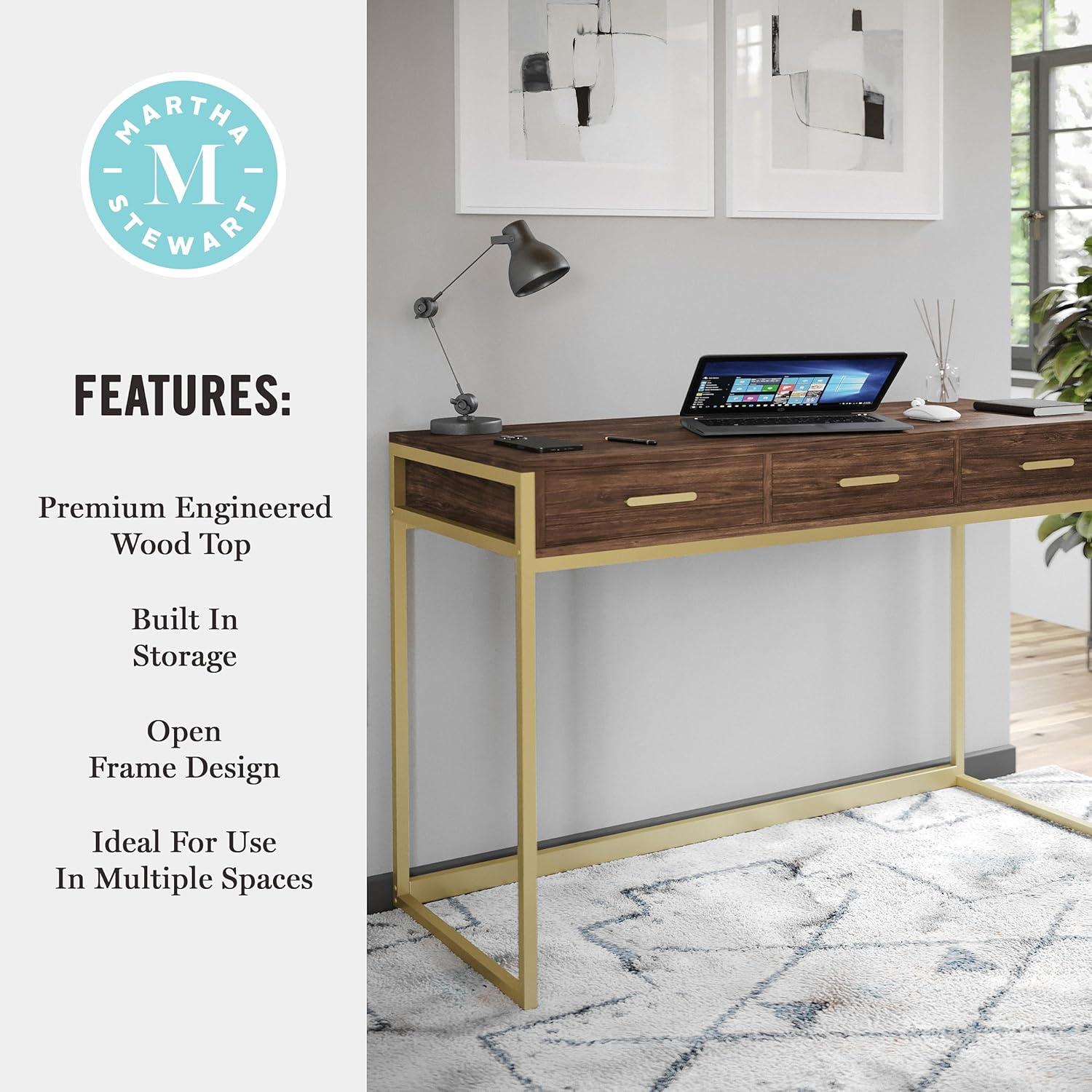 imageMartha Stewart Ollie Home Office Desk with 3 Drawers in White with Polished Brass HardwareWalnut TopPolished Brass Frame