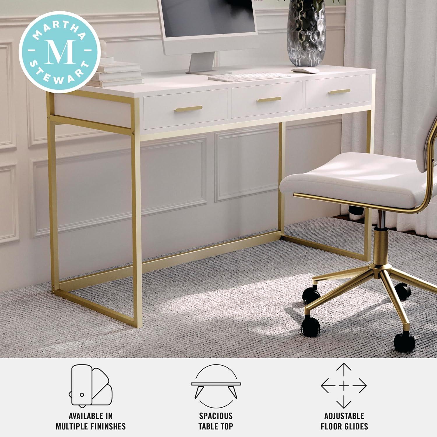 imageMartha Stewart Ollie Home Office Desk with 3 Drawers in White with Polished Brass HardwareWhite TopPolished Brass Frame