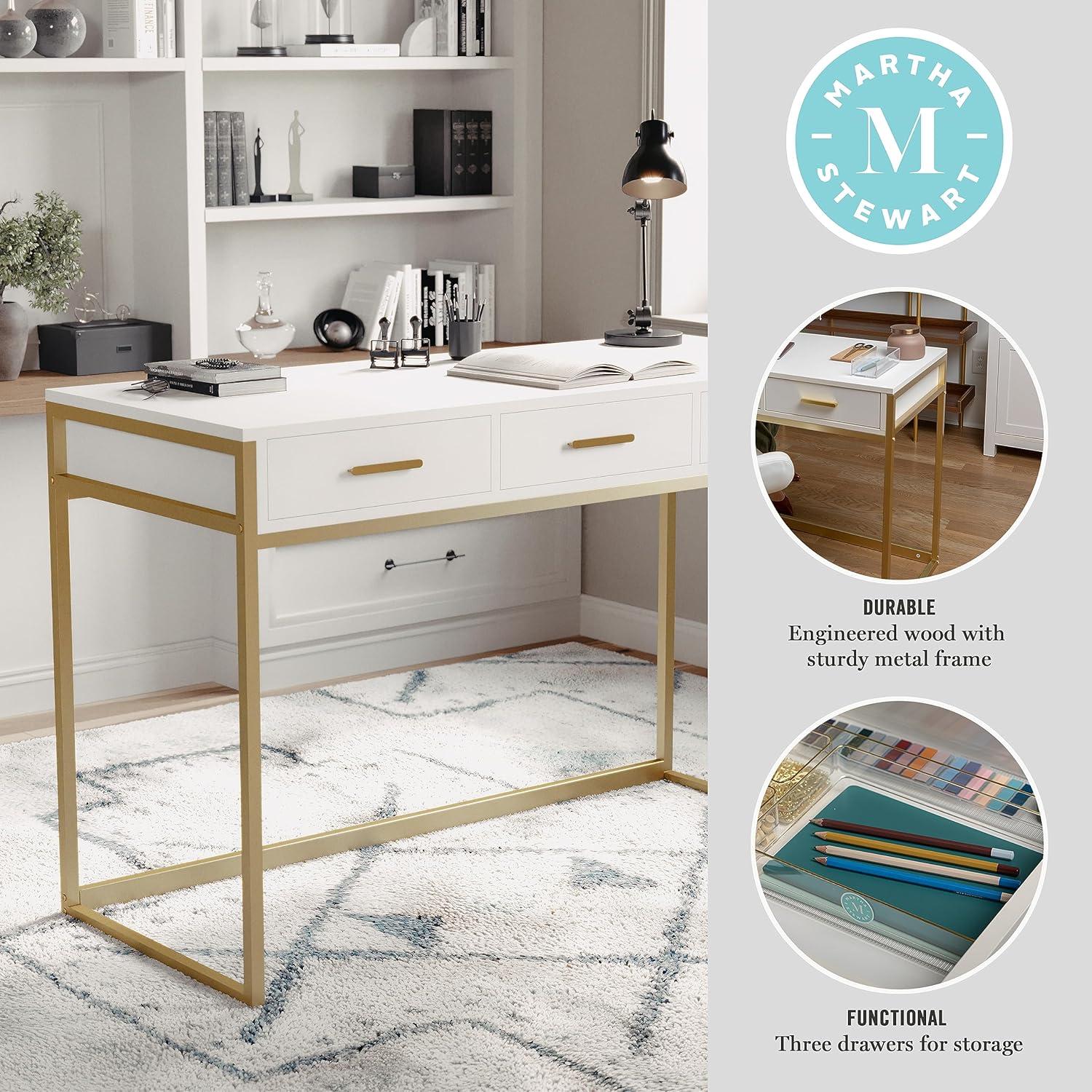 imageMartha Stewart Ollie Home Office Desk with 3 Drawers in White with Polished Brass HardwareWhite TopPolished Brass Frame