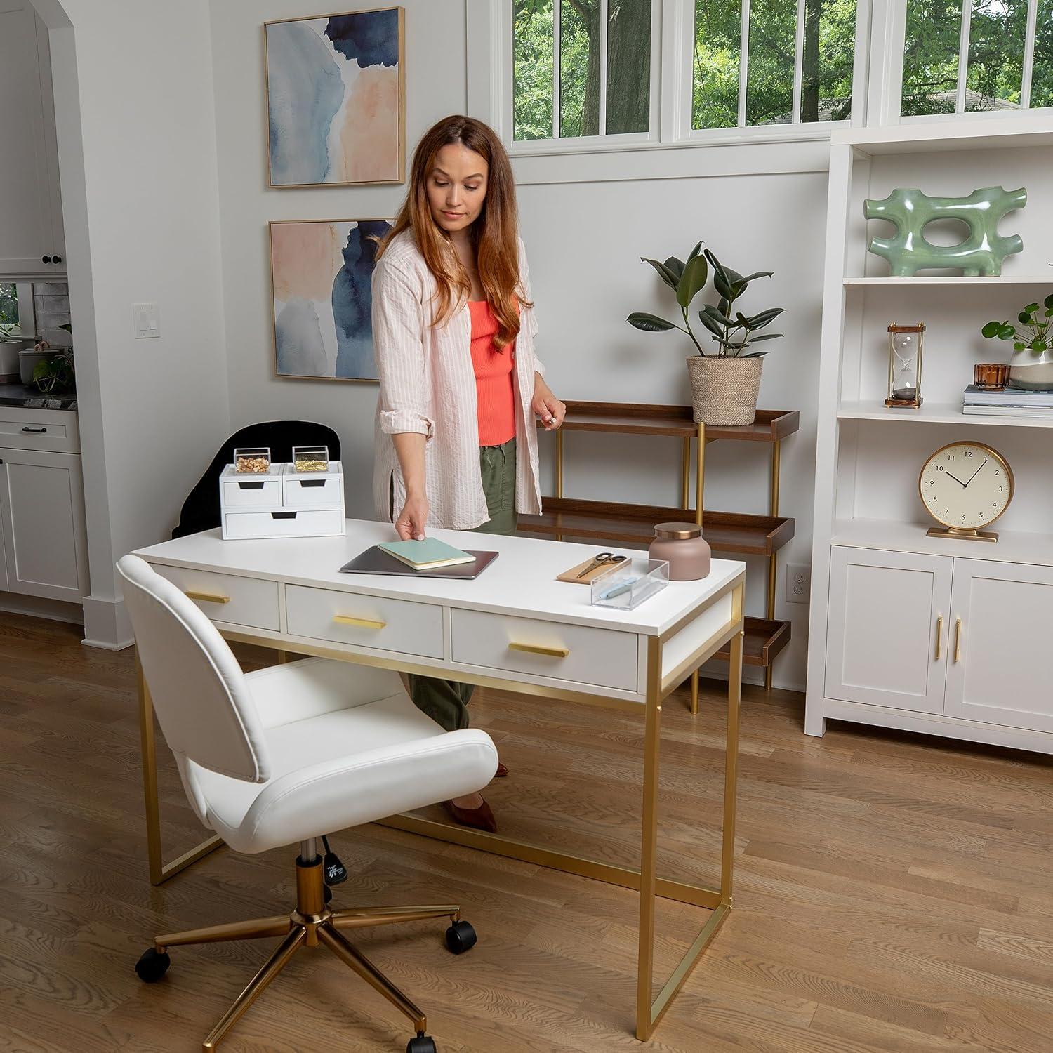 imageMartha Stewart Ollie Home Office Desk with 3 Drawers in White with Polished Brass HardwareWhite TopPolished Brass Frame