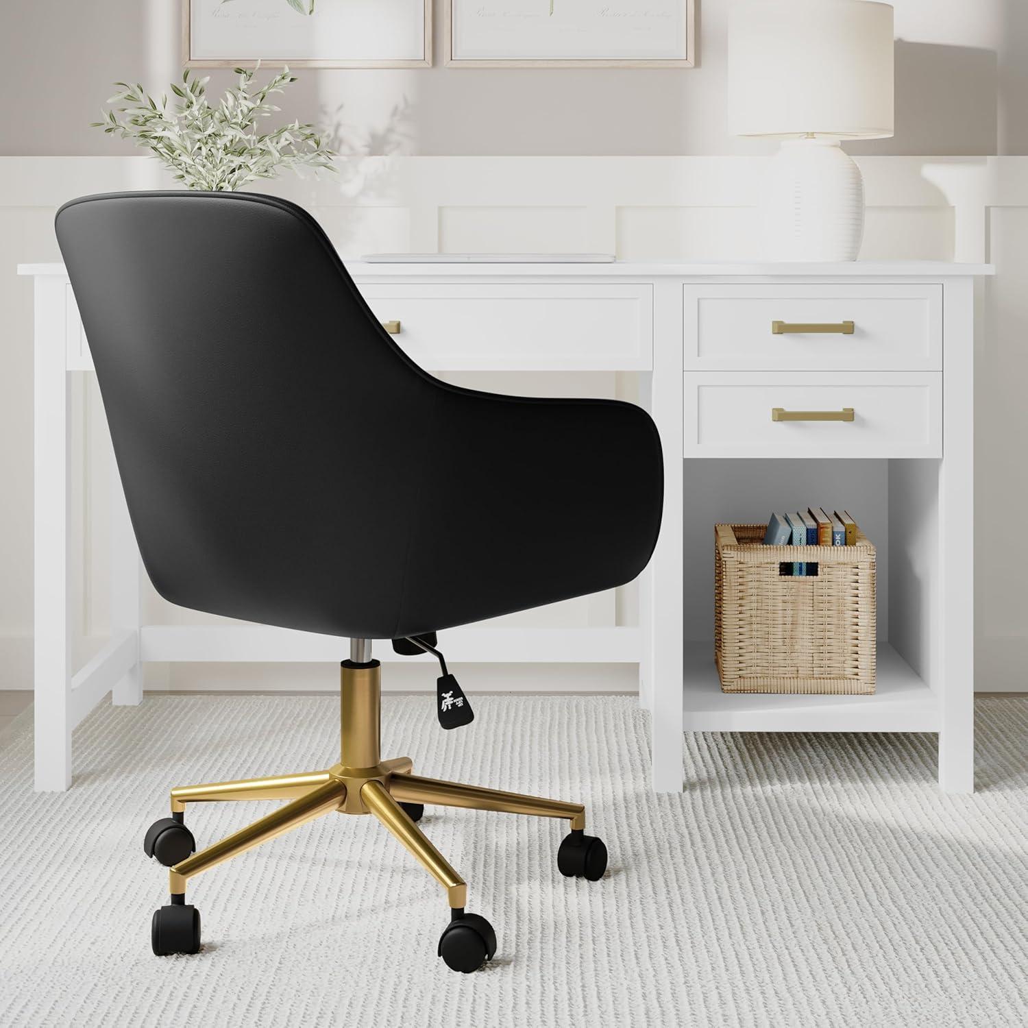 imageMartha Stewart Rayna Swivel Task Chair with Flared Arms for Home Office in White Boucle with Oil Rubbed Bronze FrameBlack Faux LeatherPolished Brass Frame