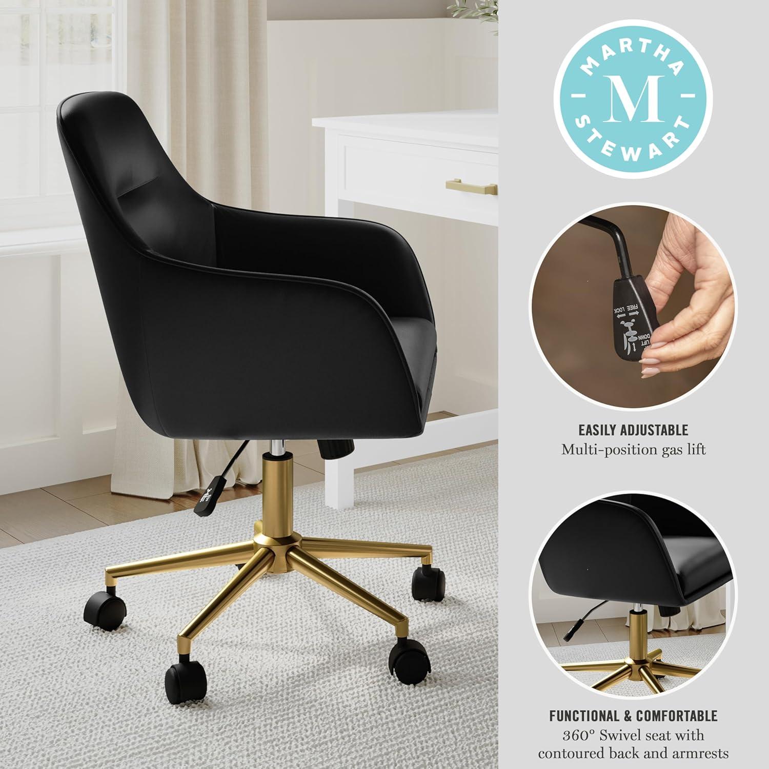 imageMartha Stewart Rayna Swivel Task Chair with Flared Arms for Home Office in White Boucle with Oil Rubbed Bronze FrameBlack Faux LeatherPolished Brass Frame