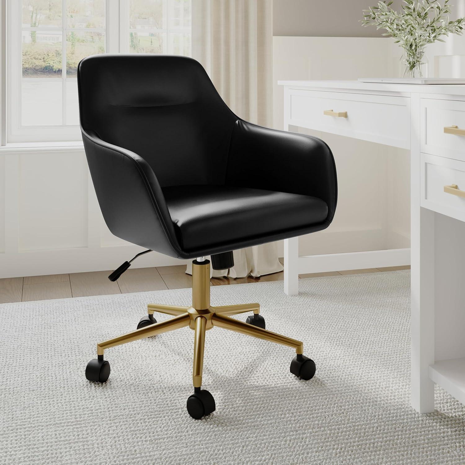 imageMartha Stewart Rayna Swivel Task Chair with Flared Arms for Home Office in White Boucle with Oil Rubbed Bronze FrameBlack Faux LeatherPolished Brass Frame