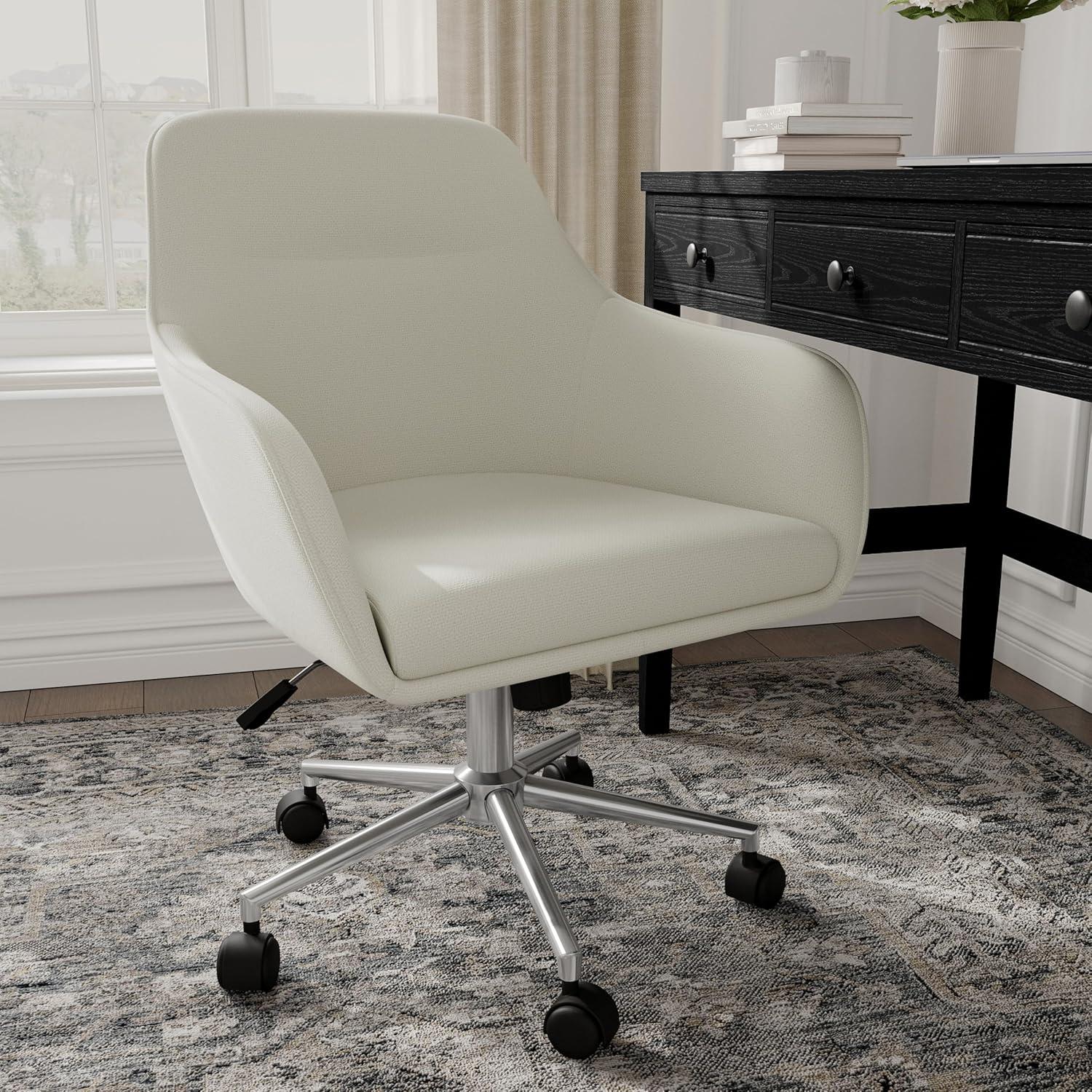 imageMartha Stewart Rayna Swivel Task Chair with Flared Arms for Home Office in White Boucle with Oil Rubbed Bronze FrameLight Gray FabricPolished Nickel Frame