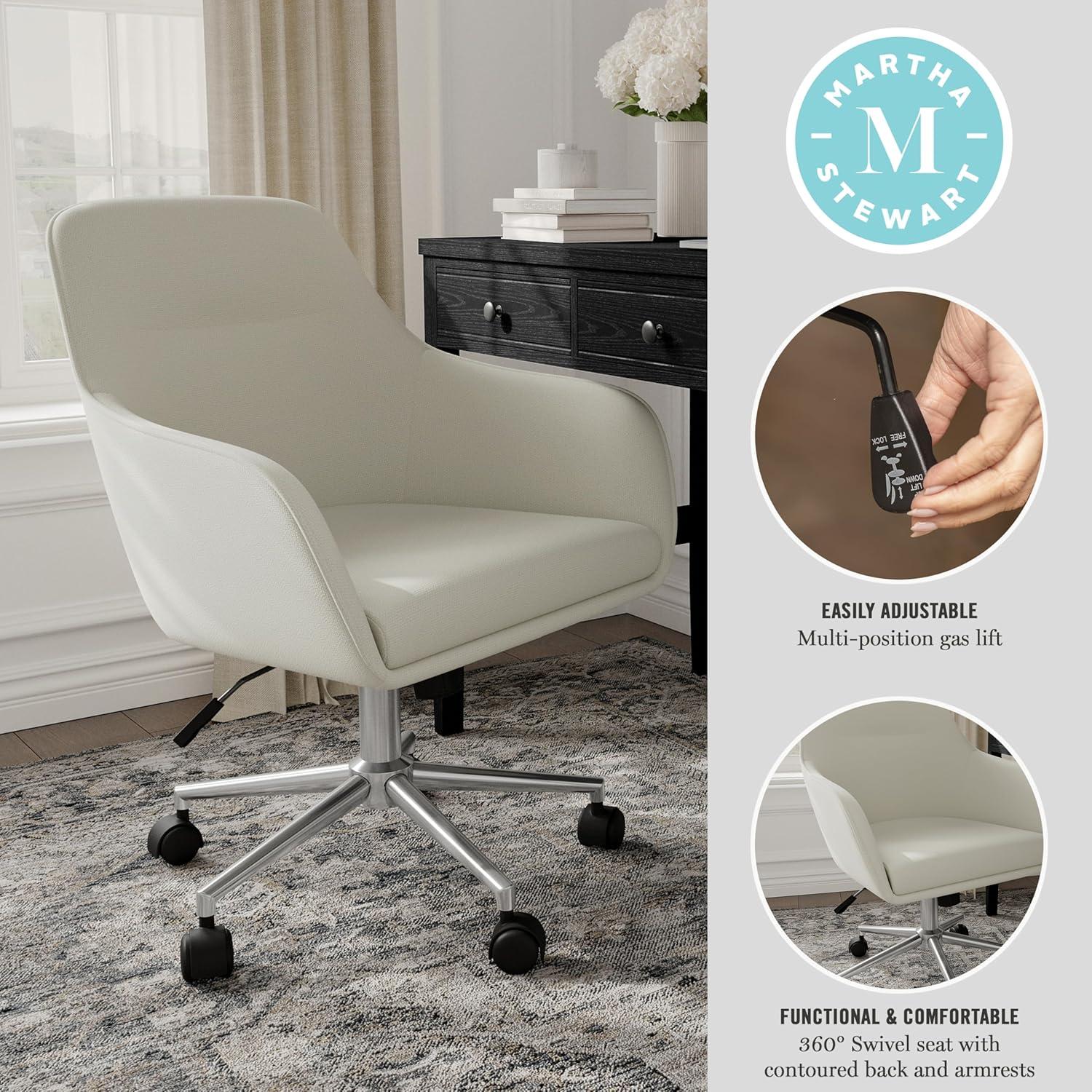 imageMartha Stewart Rayna Swivel Task Chair with Flared Arms for Home Office in White Boucle with Oil Rubbed Bronze FrameLight Gray FabricPolished Nickel Frame