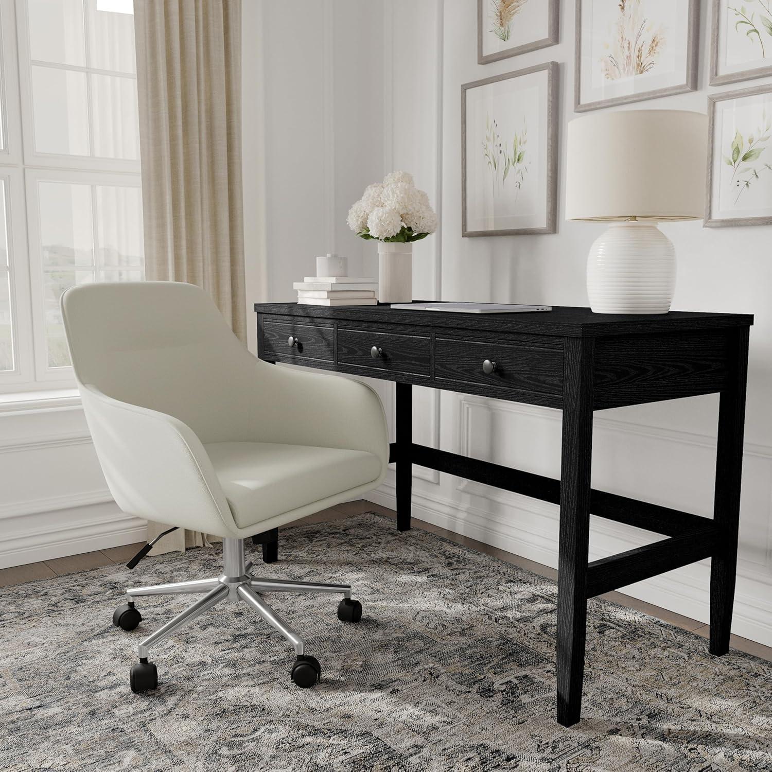 imageMartha Stewart Rayna Swivel Task Chair with Flared Arms for Home Office in White Boucle with Oil Rubbed Bronze FrameLight Gray FabricPolished Nickel Frame