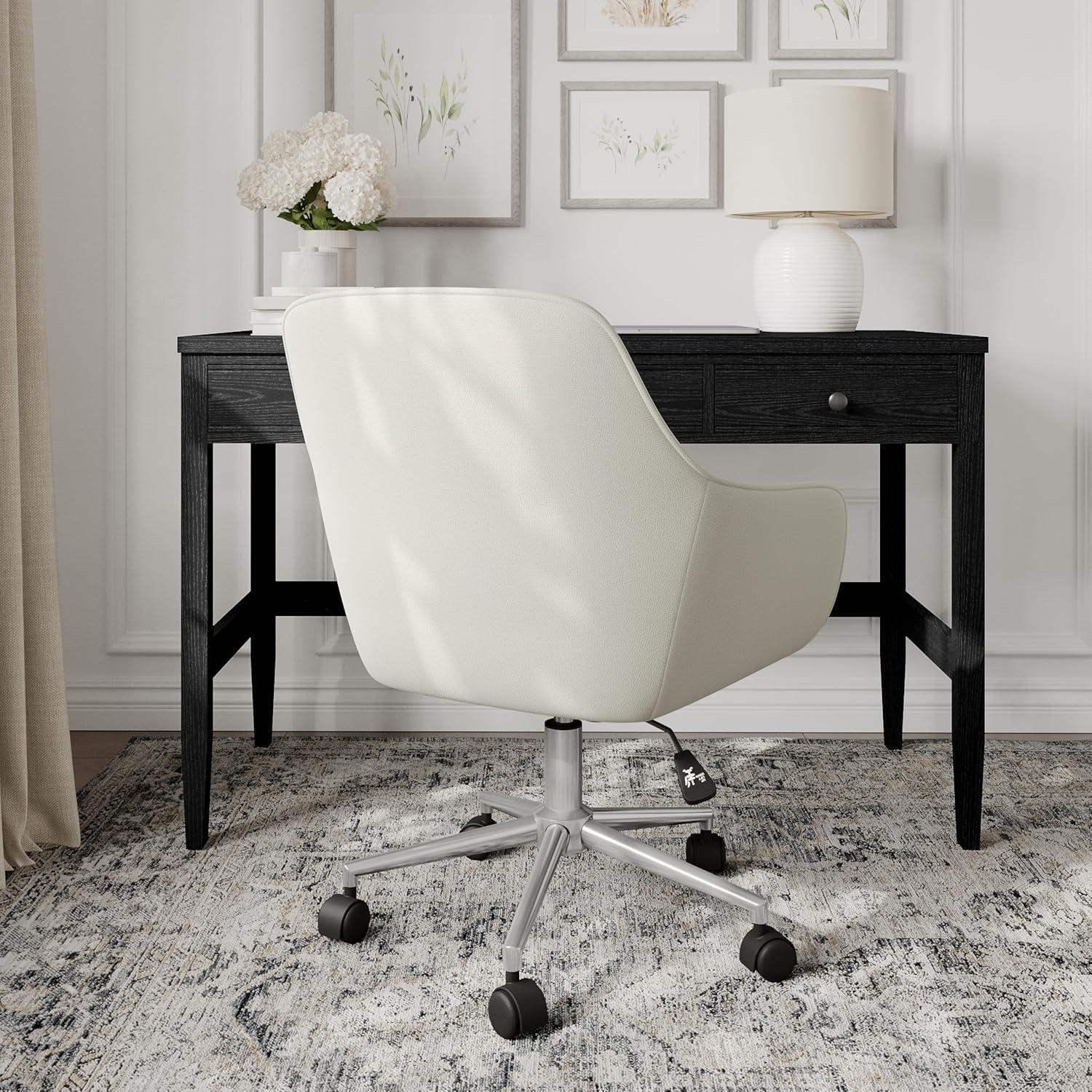 imageMartha Stewart Rayna Swivel Task Chair with Flared Arms for Home Office in White Boucle with Oil Rubbed Bronze FrameLight Gray FabricPolished Nickel Frame