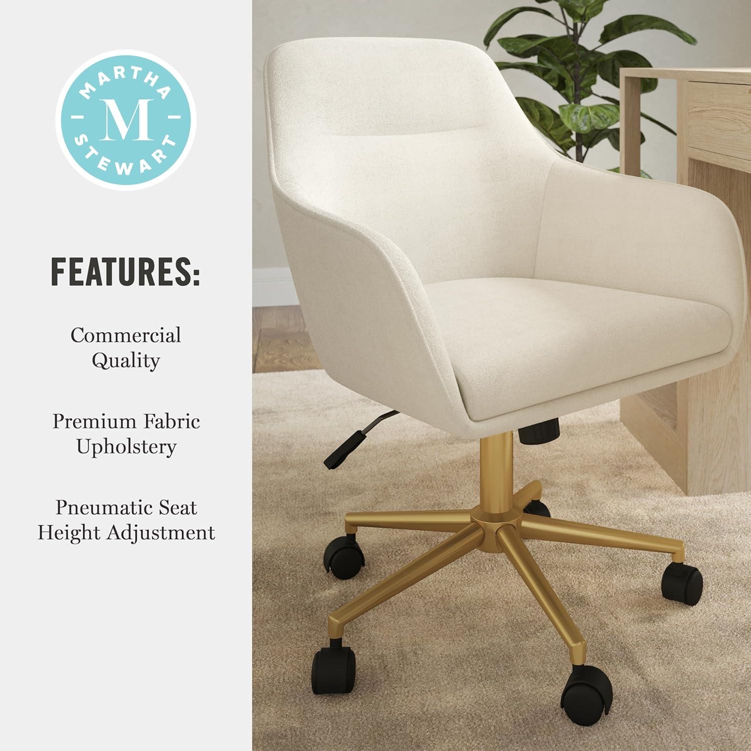 imageMartha Stewart Rayna Swivel Task Chair with Flared Arms for Home Office in White Boucle with Oil Rubbed Bronze FrameOff White FabricPolished Brass Frame