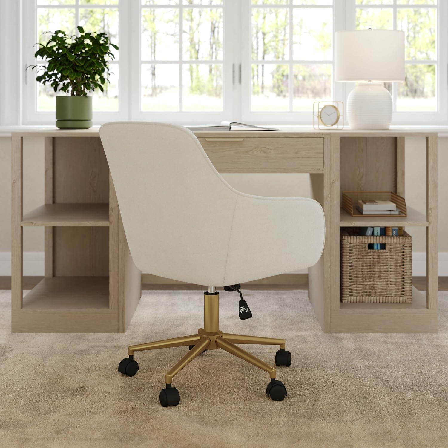 imageMartha Stewart Rayna Swivel Task Chair with Flared Arms for Home Office in White Boucle with Oil Rubbed Bronze FrameOff White FabricPolished Brass Frame
