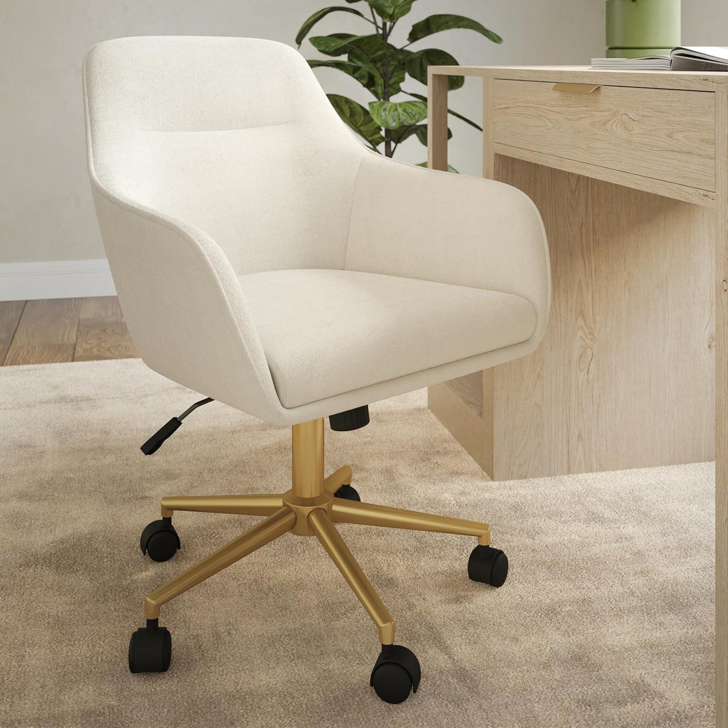 imageMartha Stewart Rayna Swivel Task Chair with Flared Arms for Home Office in White Boucle with Oil Rubbed Bronze FrameOff White FabricPolished Brass Frame