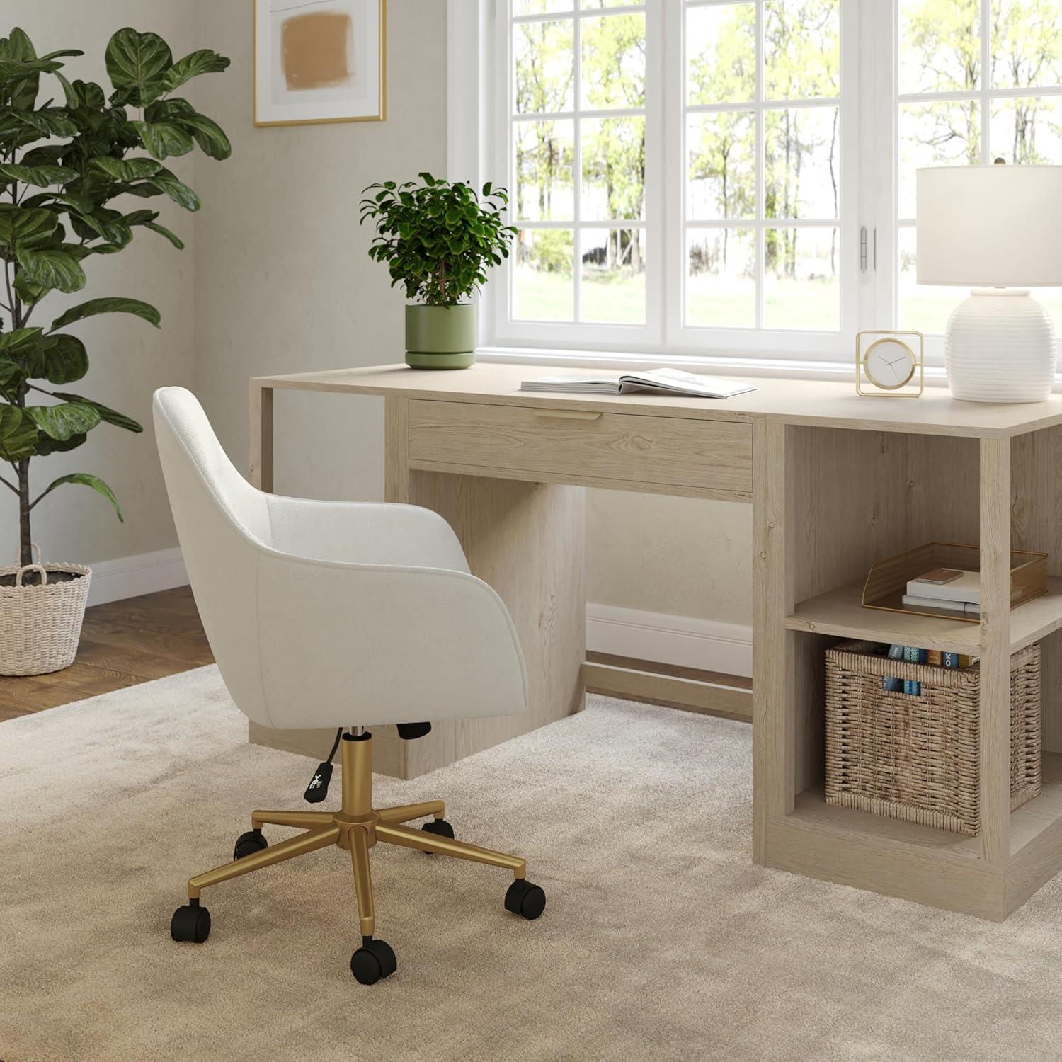 imageMartha Stewart Rayna Swivel Task Chair with Flared Arms for Home Office in White Boucle with Oil Rubbed Bronze FrameOff White FabricPolished Brass Frame