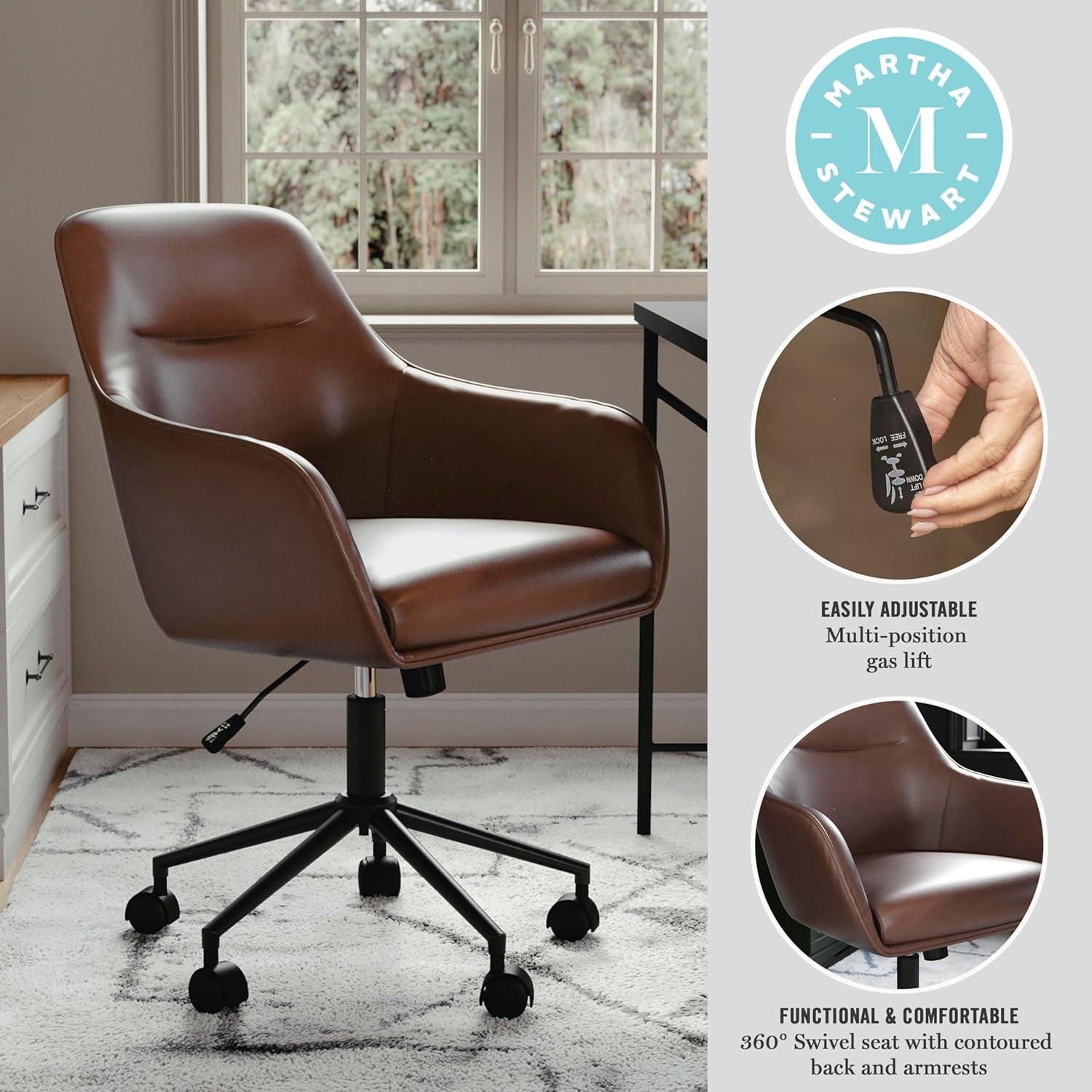 imageMartha Stewart Rayna Swivel Task Chair with Flared Arms for Home Office in White Boucle with Oil Rubbed Bronze FrameSaddle Brown Faux LeatherOil Rubbed Bronze