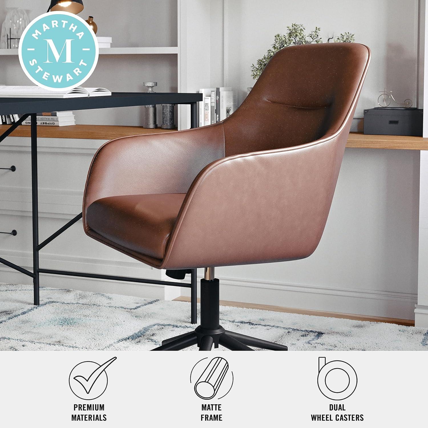 imageMartha Stewart Rayna Swivel Task Chair with Flared Arms for Home Office in White Boucle with Oil Rubbed Bronze FrameSaddle Brown Faux LeatherOil Rubbed Bronze