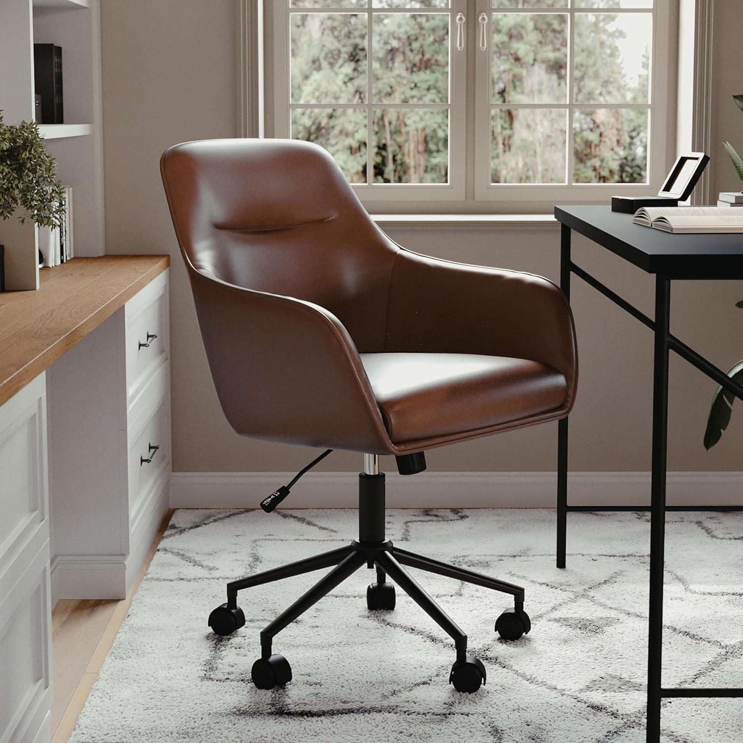 imageMartha Stewart Rayna Swivel Task Chair with Flared Arms for Home Office in White Boucle with Oil Rubbed Bronze FrameSaddle Brown Faux LeatherOil Rubbed Bronze