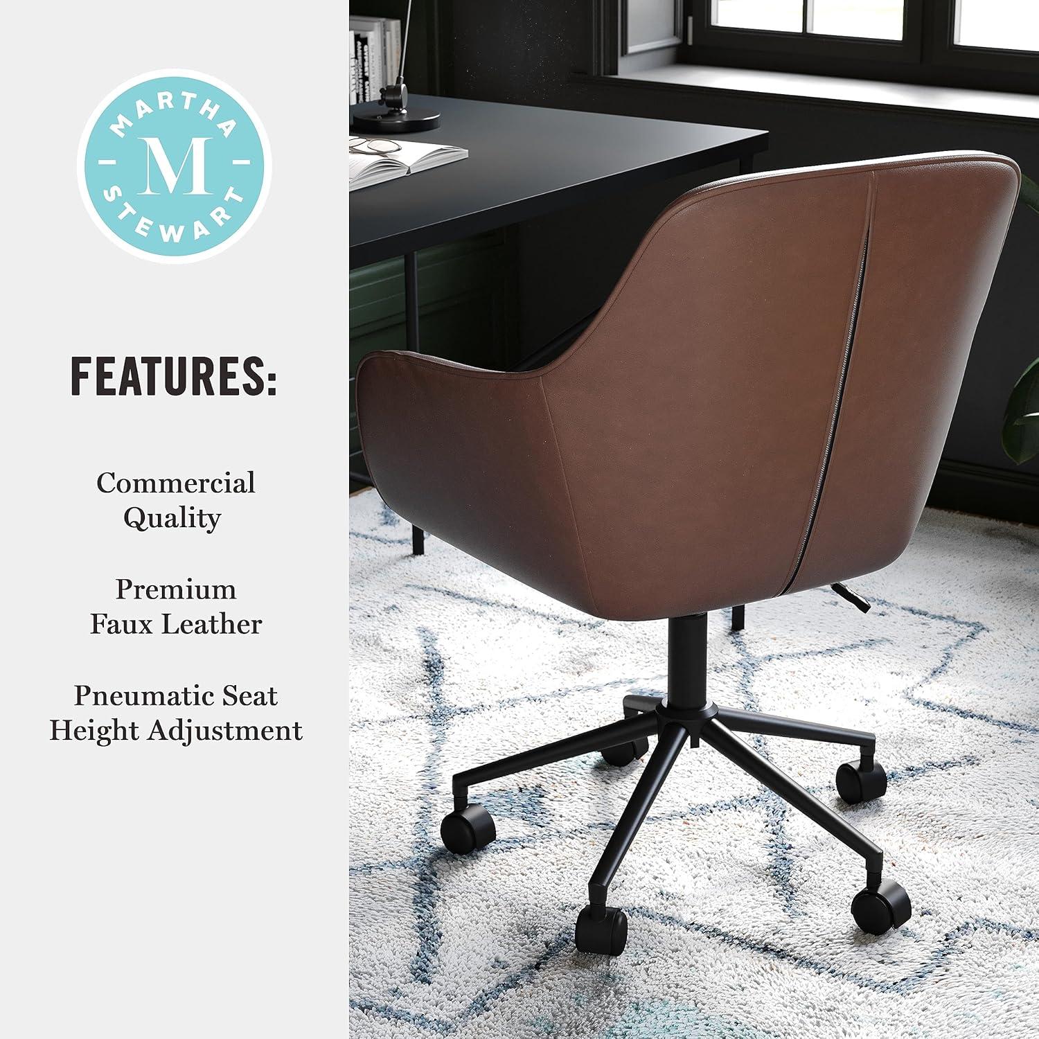 imageMartha Stewart Rayna Swivel Task Chair with Flared Arms for Home Office in White Boucle with Oil Rubbed Bronze FrameSaddle Brown Faux LeatherOil Rubbed Bronze
