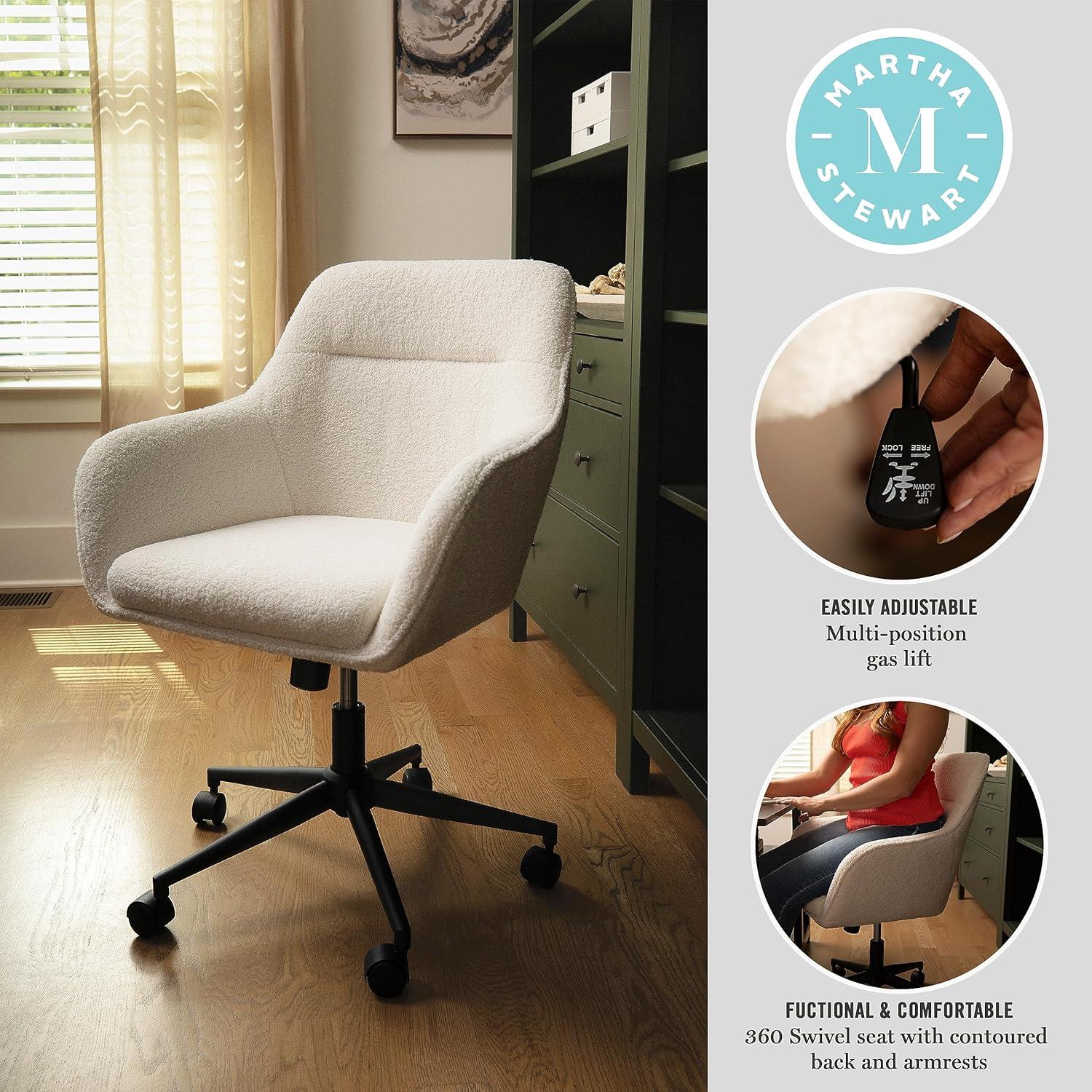 imageMartha Stewart Rayna Swivel Task Chair with Flared Arms for Home Office in White Boucle with Oil Rubbed Bronze FrameWhite BoucleOil Rubbed Bronze