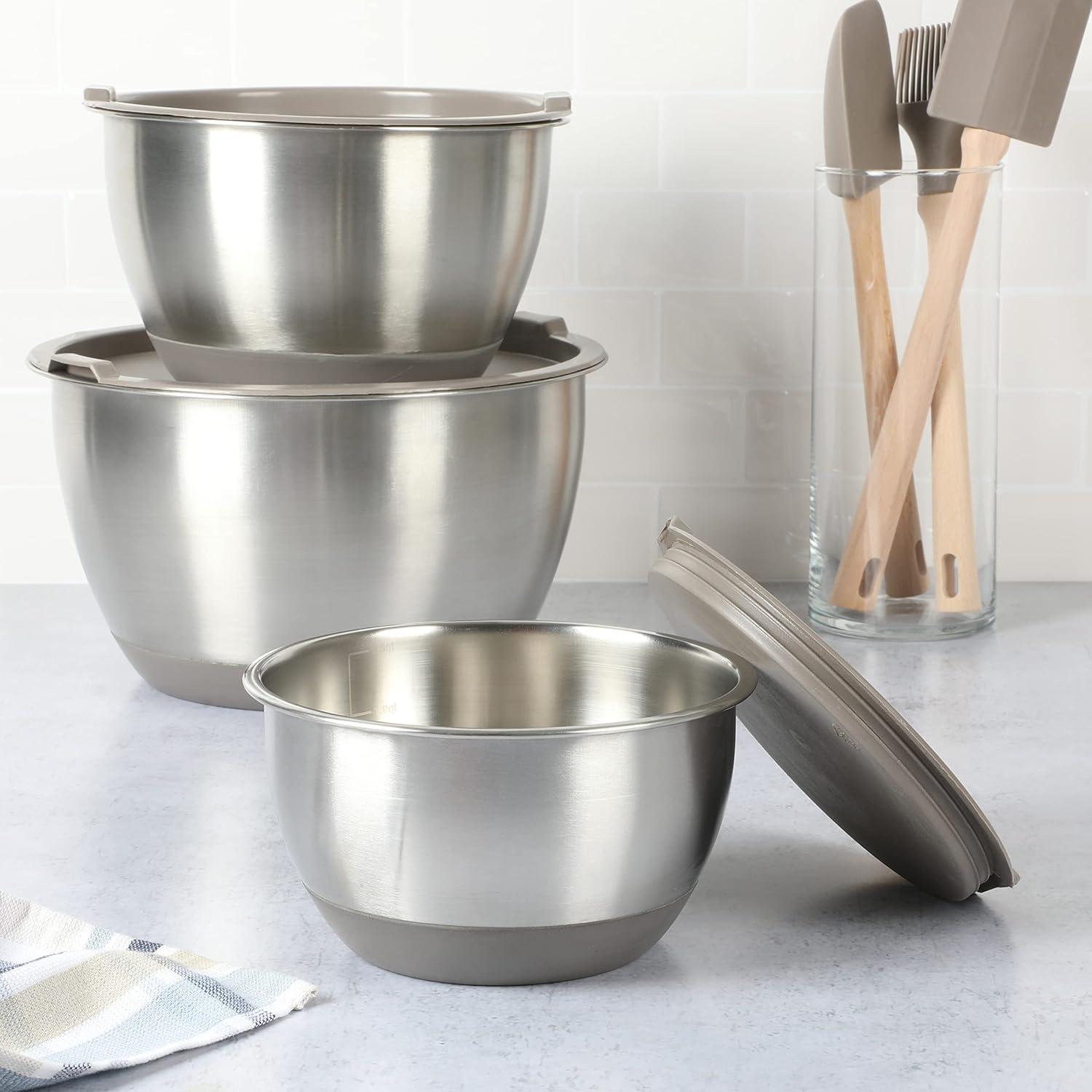imageMartha Stewart Rhinewell Mirror Polish 6 Piece Stainless Steel Mixing Bowls with Lid and NonSlip Base  Grey
