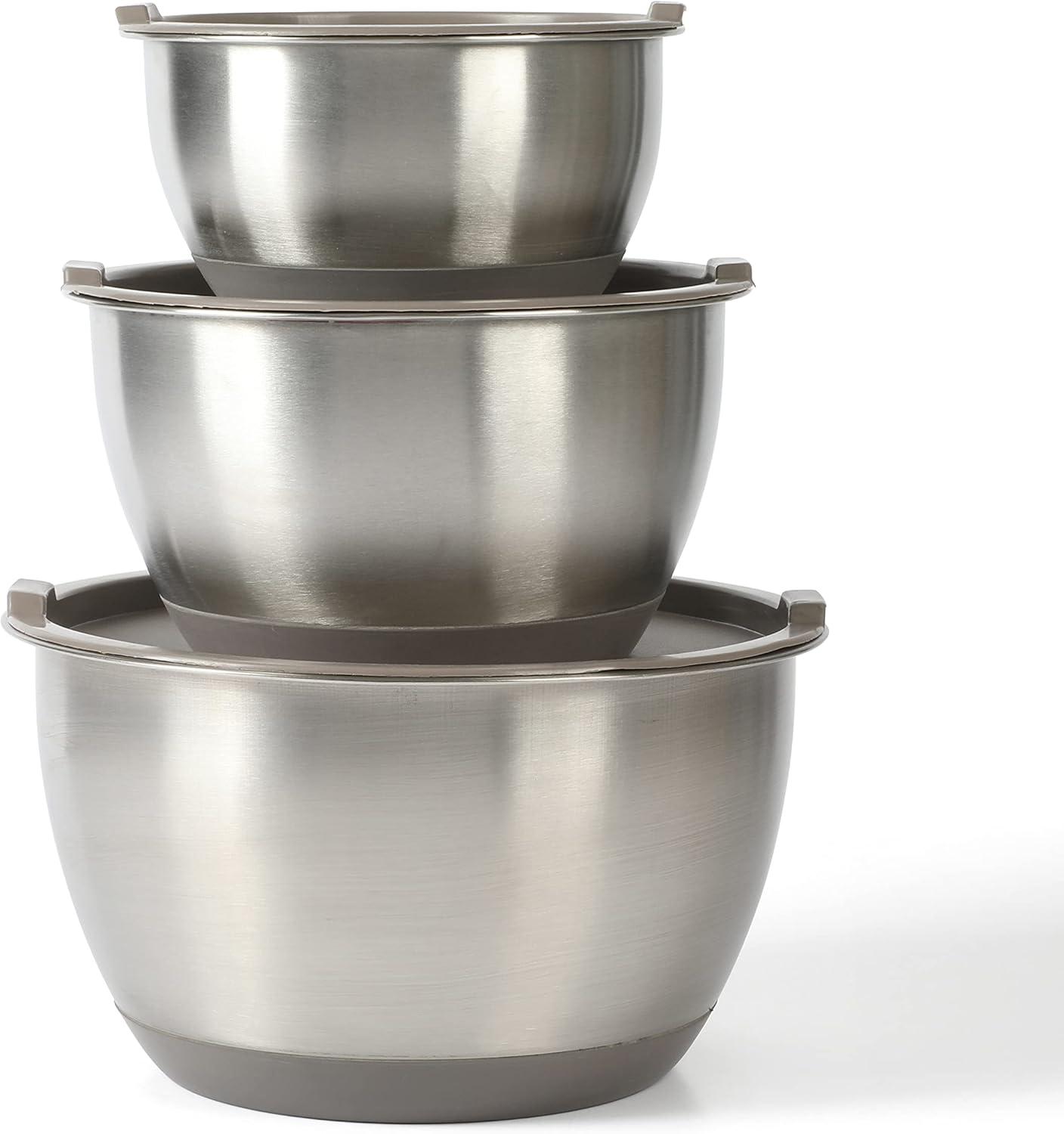 imageMartha Stewart Rhinewell Mirror Polish 6 Piece Stainless Steel Mixing Bowls with Lid and NonSlip Base  Grey