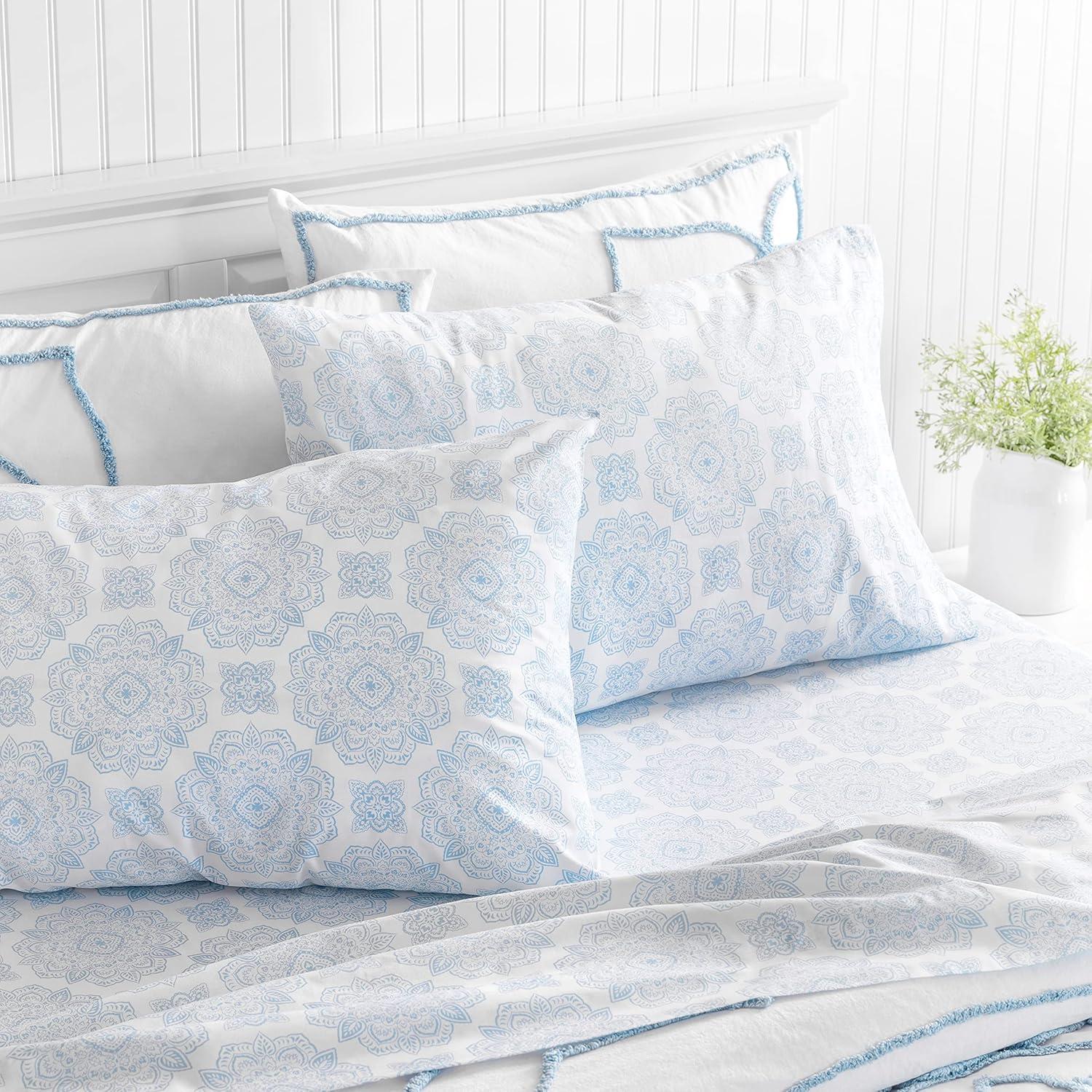 imageMartha Stewart Ruth Ditsy Floral 300TC 100 Cotton Percale Sheet Set BlueWhite 4 Piece 1 Flat Sheet 1 Fitted Sheet 2 Std Pillowcases Breathable Cotton Printed Bed Sheets Queen SizeQueen