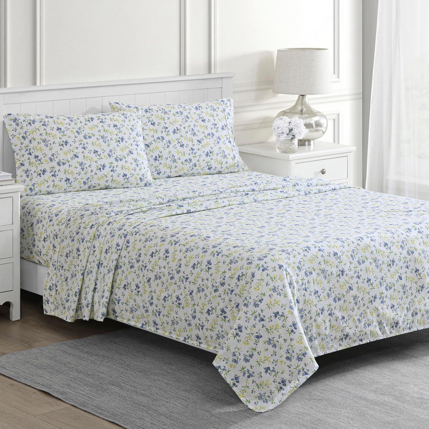 imageMartha Stewart Ruth Ditsy Floral 300TC 100 Cotton Percale Sheet Set BlueWhite 4 Piece 1 Flat Sheet 1 Fitted Sheet 2 Std Pillowcases Breathable Cotton Printed Bed Sheets Queen SizeQueen