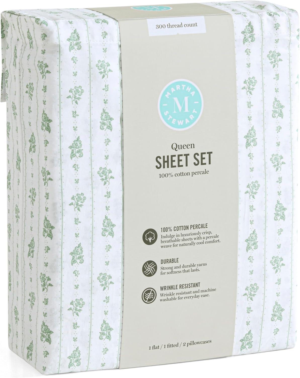 imageMartha Stewart Ruth Ditsy Floral 300TC 100 Cotton Percale Sheet Set BlueWhite 4 Piece 1 Flat Sheet 1 Fitted Sheet 2 Std Pillowcases Breathable Cotton Printed Bed Sheets Queen SizeTwin