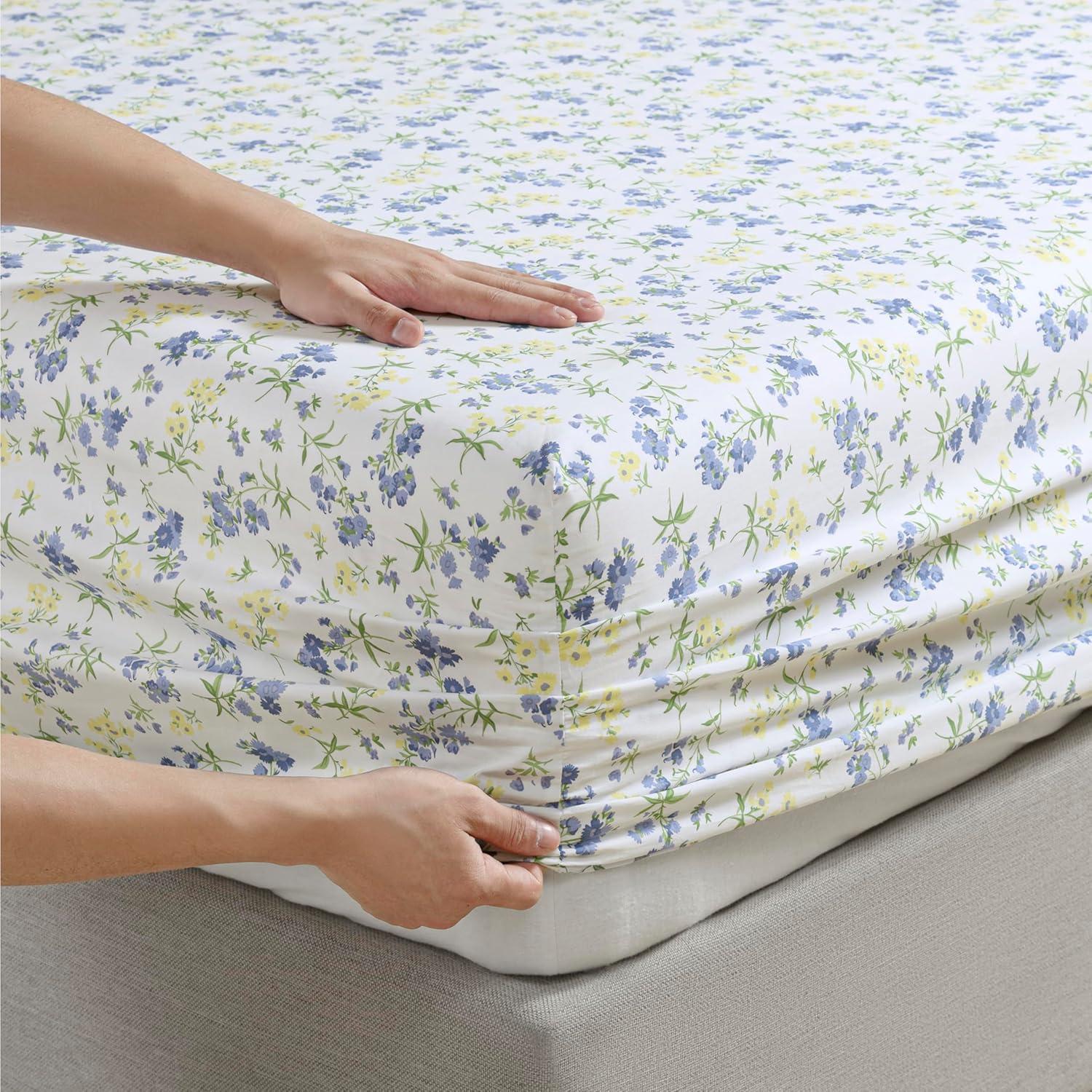 imageMartha Stewart Ruth Ditsy Floral 300TC 100 Cotton Percale Sheet Set BlueWhite 4 Piece 1 Flat Sheet 1 Fitted Sheet 2 Std Pillowcases Breathable Cotton Printed Bed Sheets Queen SizeQueen