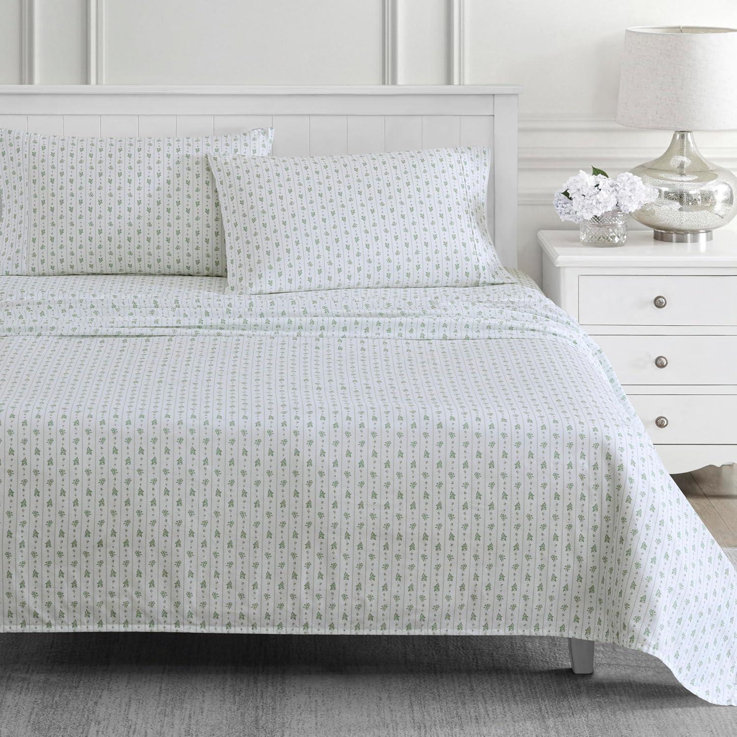 imageMartha Stewart Ruth Ditsy Floral 300TC 100 Cotton Percale Sheet Set BlueWhite 4 Piece 1 Flat Sheet 1 Fitted Sheet 2 Std Pillowcases Breathable Cotton Printed Bed Sheets Queen SizeQueen