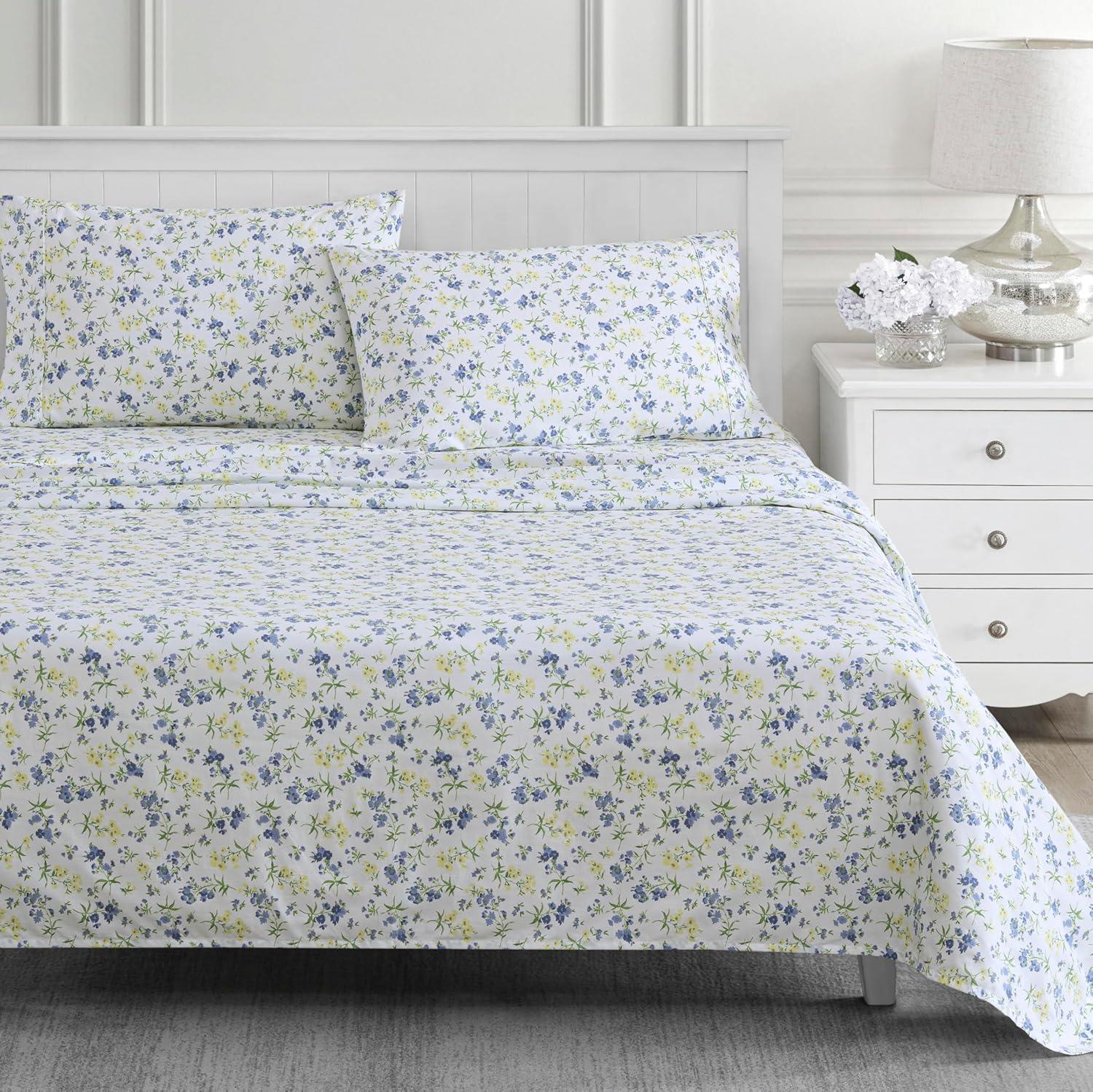 imageMartha Stewart Ruth Ditsy Floral 300TC 100 Cotton Percale Sheet Set BlueWhite 4 Piece 1 Flat Sheet 1 Fitted Sheet 2 Std Pillowcases Breathable Cotton Printed Bed Sheets Queen SizeTwin