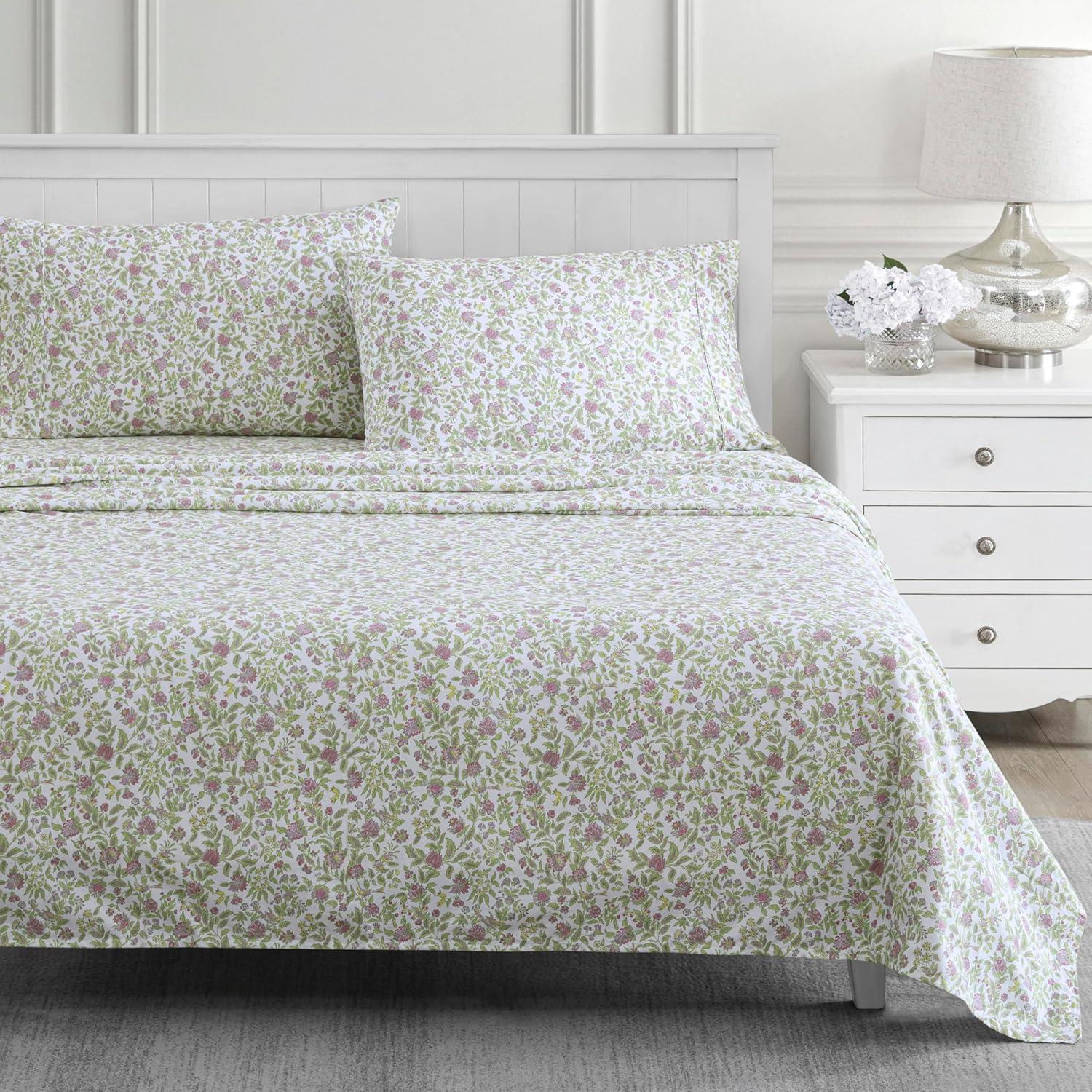 imageMartha Stewart Ruth Ditsy Floral 300TC 100 Cotton Percale Sheet Set BlueWhite 4 Piece 1 Flat Sheet 1 Fitted Sheet 2 Std Pillowcases Breathable Cotton Printed Bed Sheets Queen SizeQueen