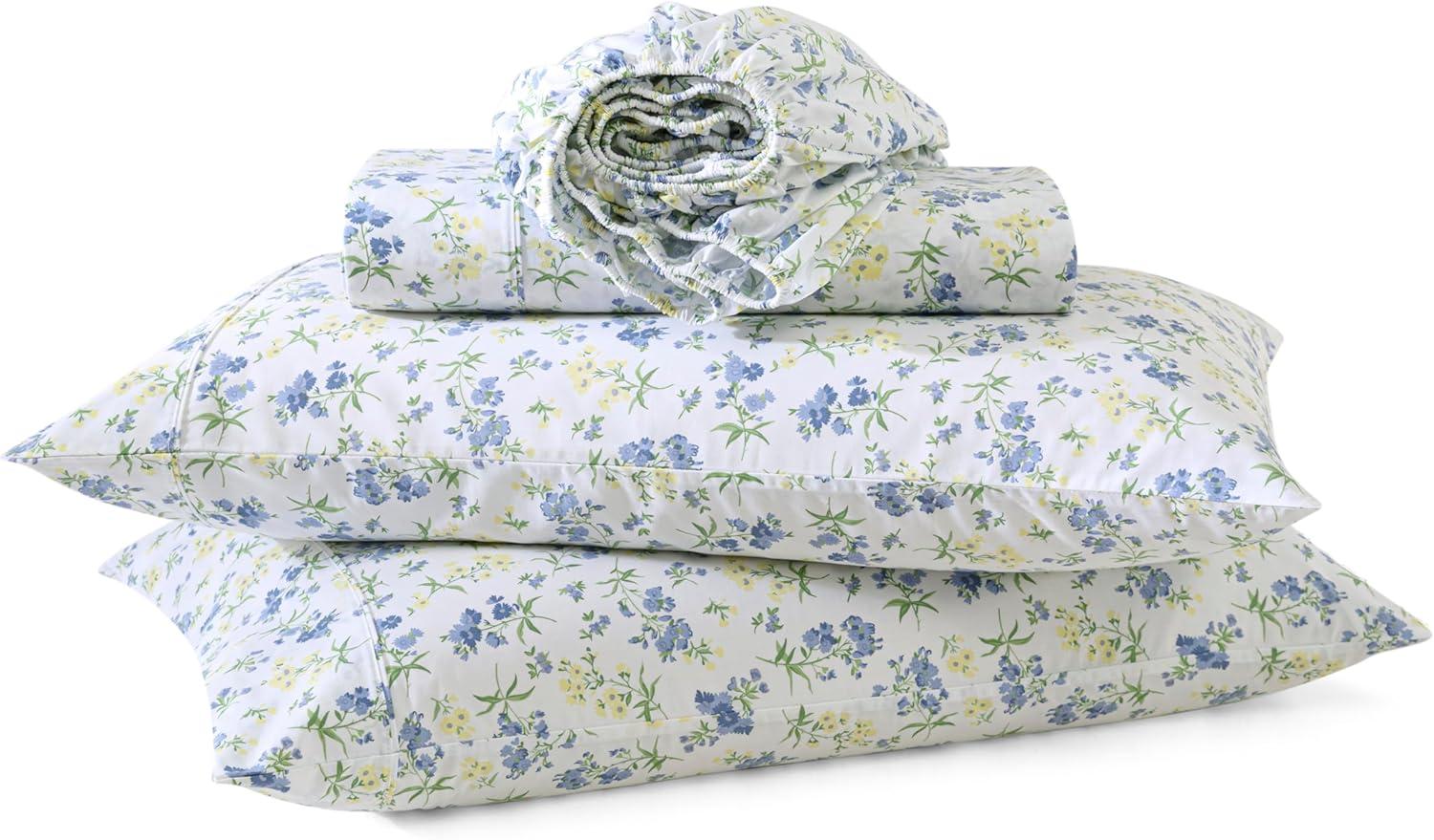 imageMartha Stewart Ruth Ditsy Floral 300TC 100 Cotton Percale Sheet Set BlueWhite 4 Piece 1 Flat Sheet 1 Fitted Sheet 2 Std Pillowcases Breathable Cotton Printed Bed Sheets Queen SizeTwin