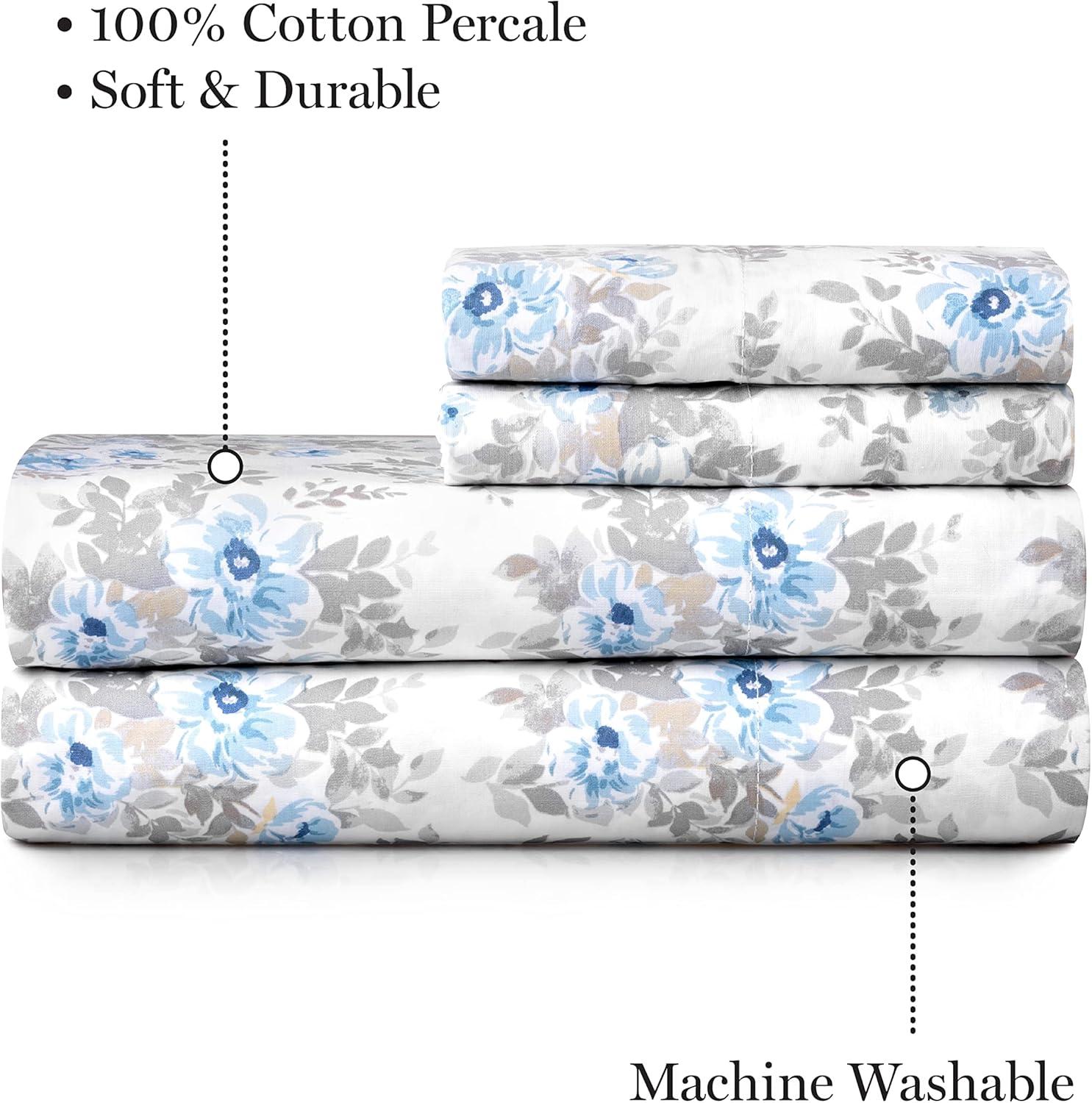 imageMartha Stewart Ruth Ditsy Floral 300TC 100 Cotton Percale Sheet Set BlueWhite 4 Piece 1 Flat Sheet 1 Fitted Sheet 2 Std Pillowcases Breathable Cotton Printed Bed Sheets Queen SizeQueen