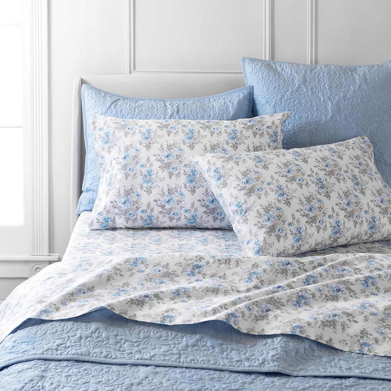 imageMartha Stewart Ruth Ditsy Floral 300TC 100 Cotton Percale Sheet Set BlueWhite 4 Piece 1 Flat Sheet 1 Fitted Sheet 2 Std Pillowcases Breathable Cotton Printed Bed Sheets Queen SizeQueen
